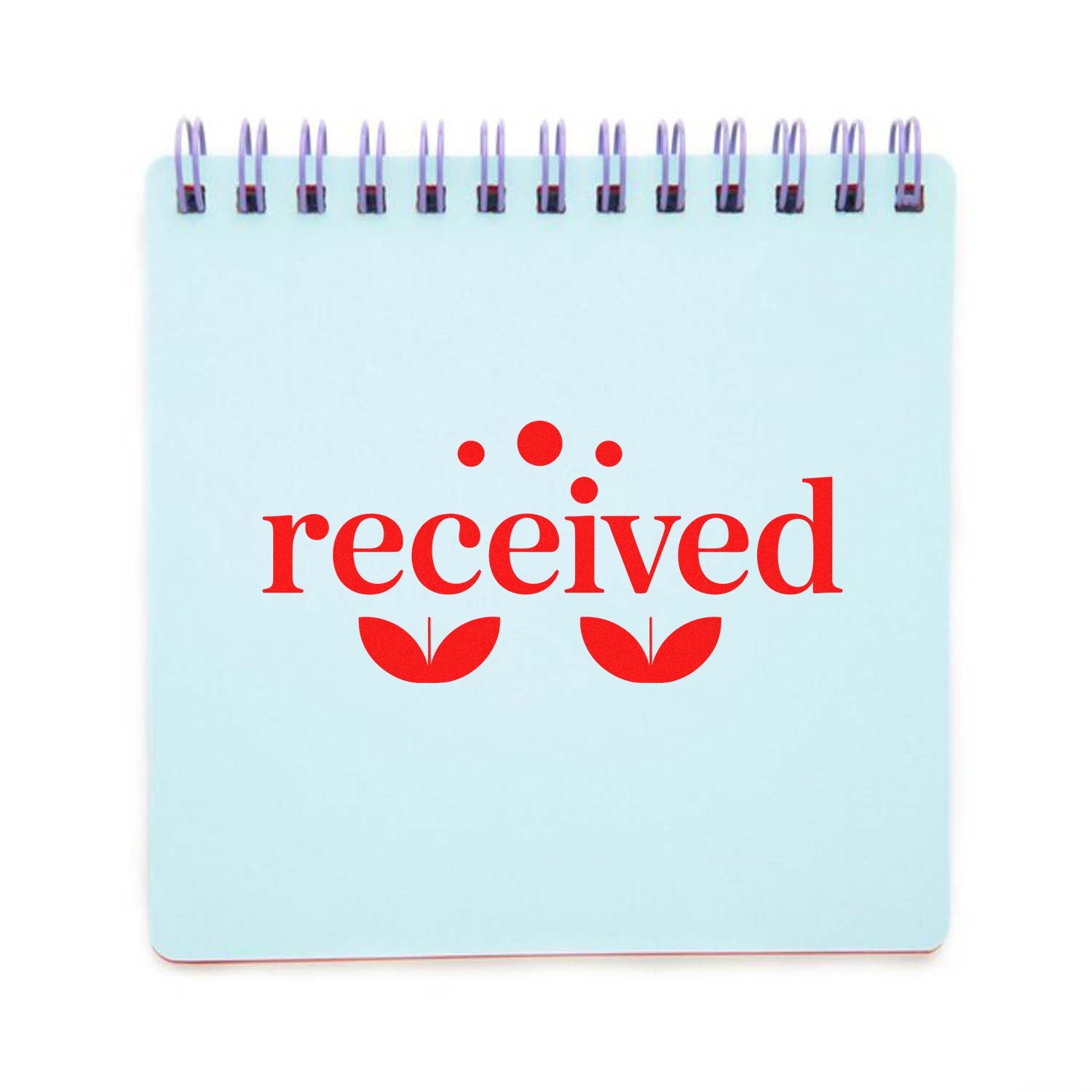 Light blue spiral notepad with red received stamp and decorative red seal icons.