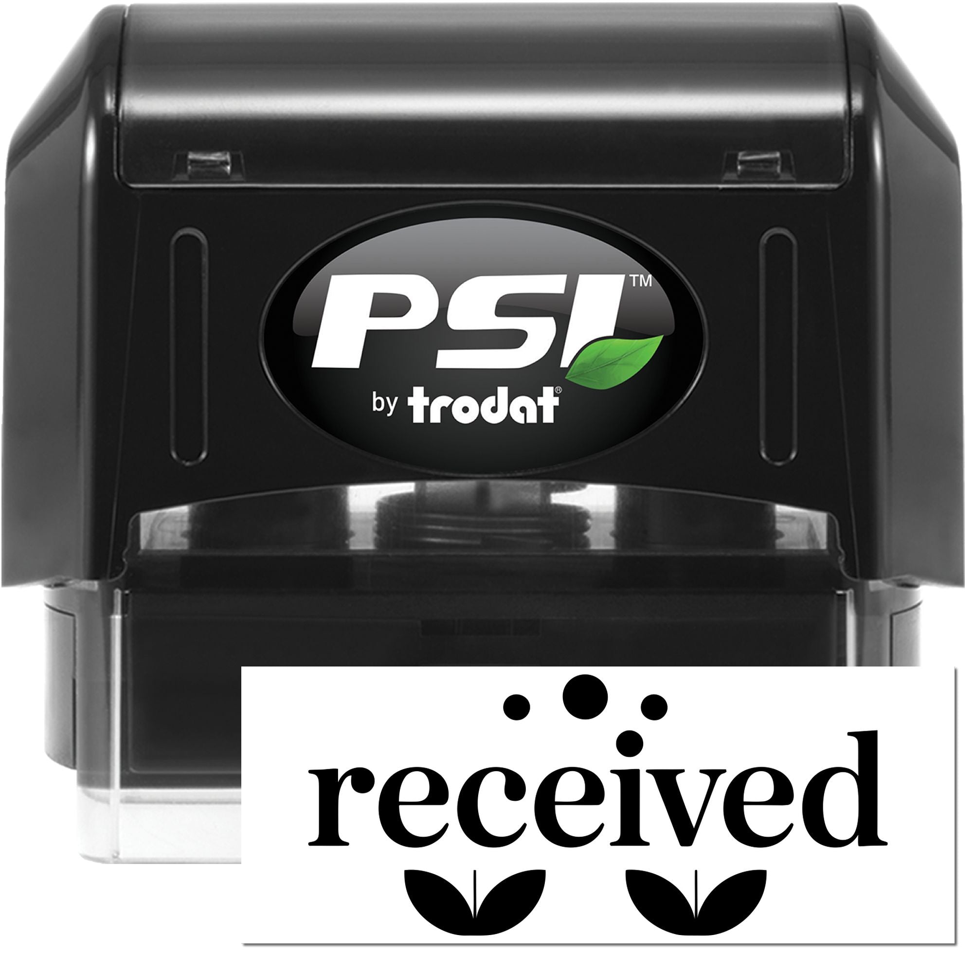 Black PSI by Trodat self-inking stamp with green leaf logo and received seal on white background