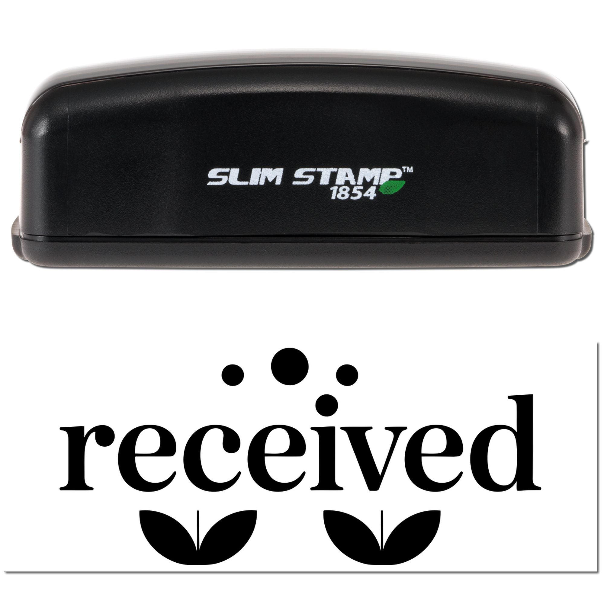 Black Slim Stamp 1854 self-inking stamp with green leaf logo above a black received seal on white background.