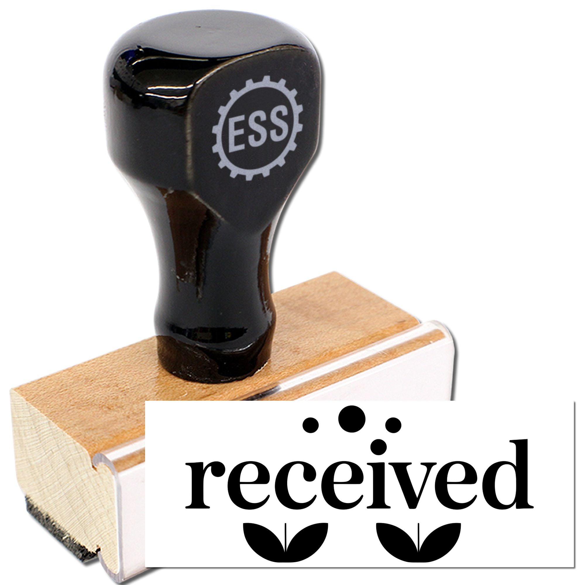 Black rubber stamp and seal with ESS logo, mounted on a wooden base, displaying a white received imprint.