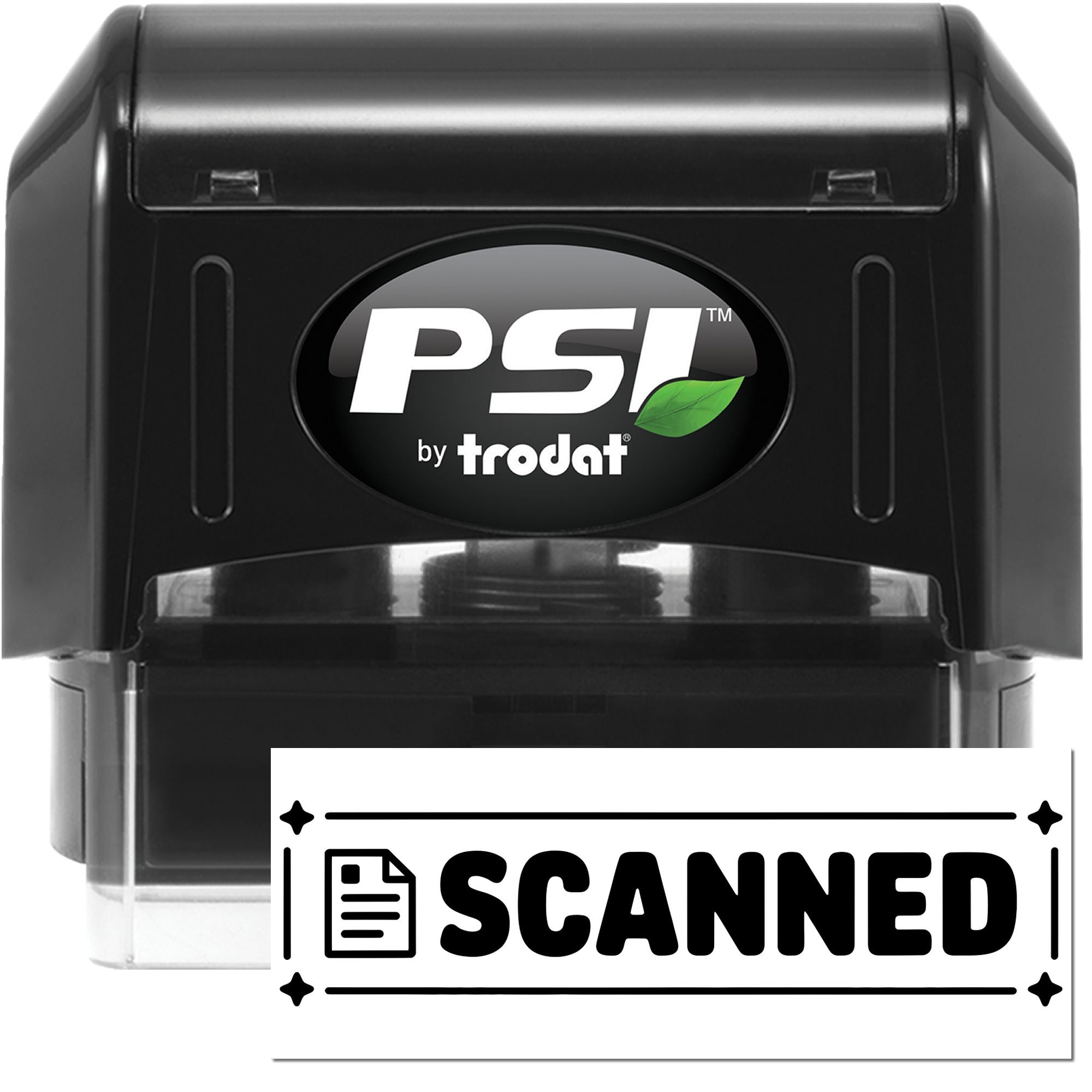 Black PSI by Trodat self-inking stamp with clear base and white SCANNED seal label
