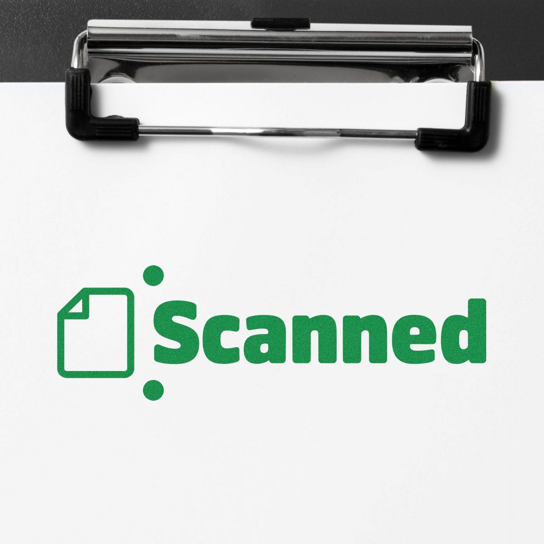 Black clipboard holding white paper with green Scanned stamp seal and document icon.