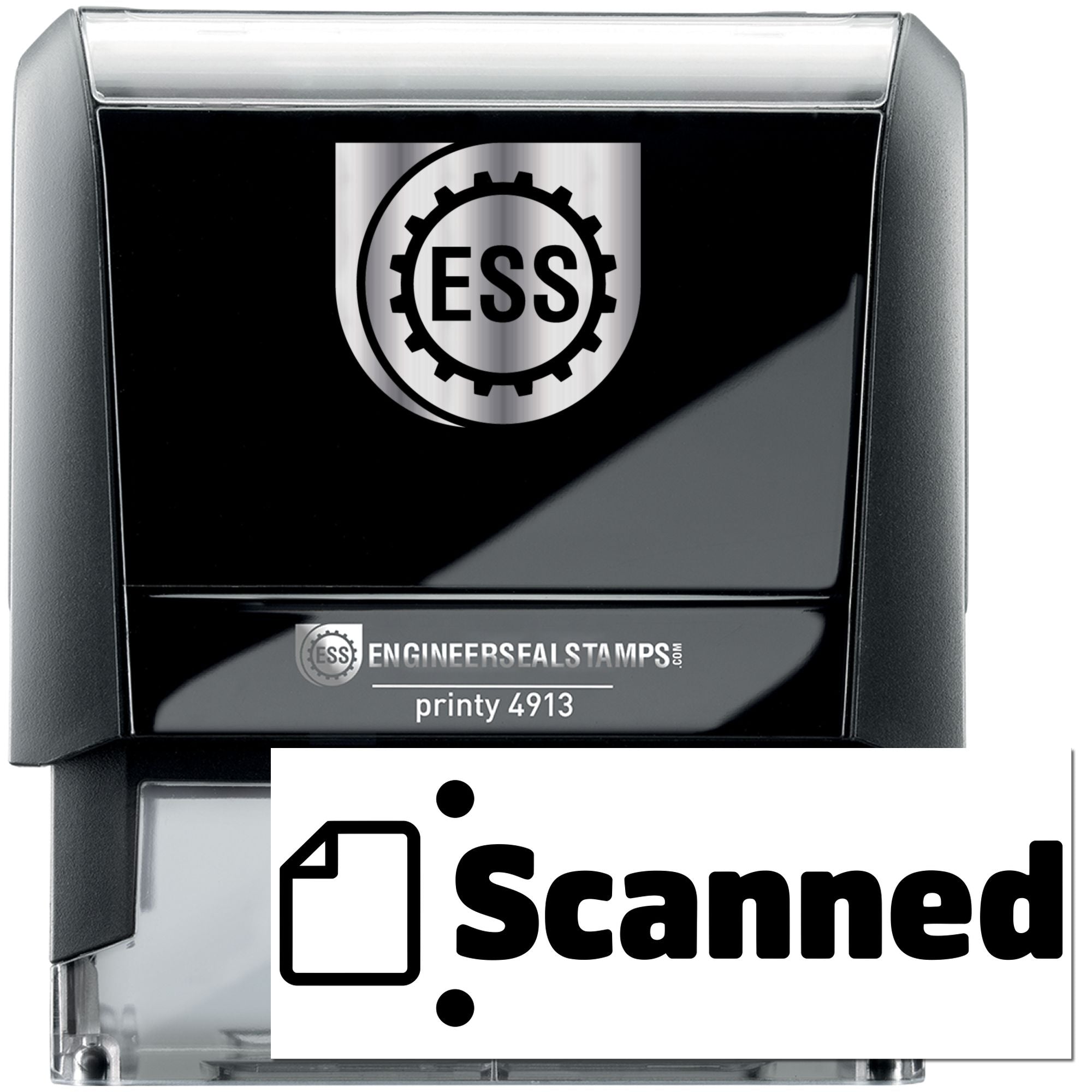 Black and gray self-inking engineer seal stamp, ESS logo, with Scanned marking
