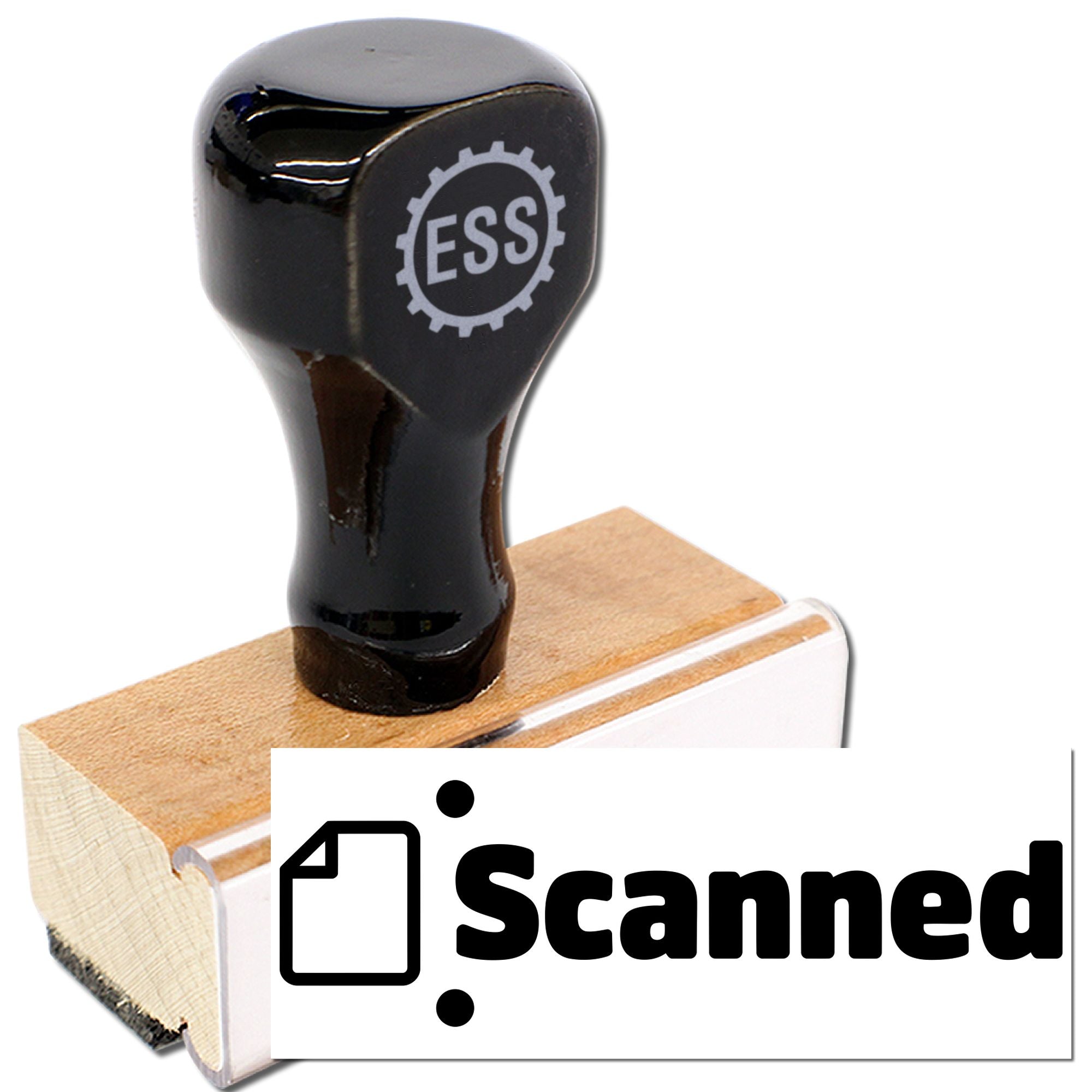 Black ESS rubber stamp seal on a wooden block with a white Scanned label