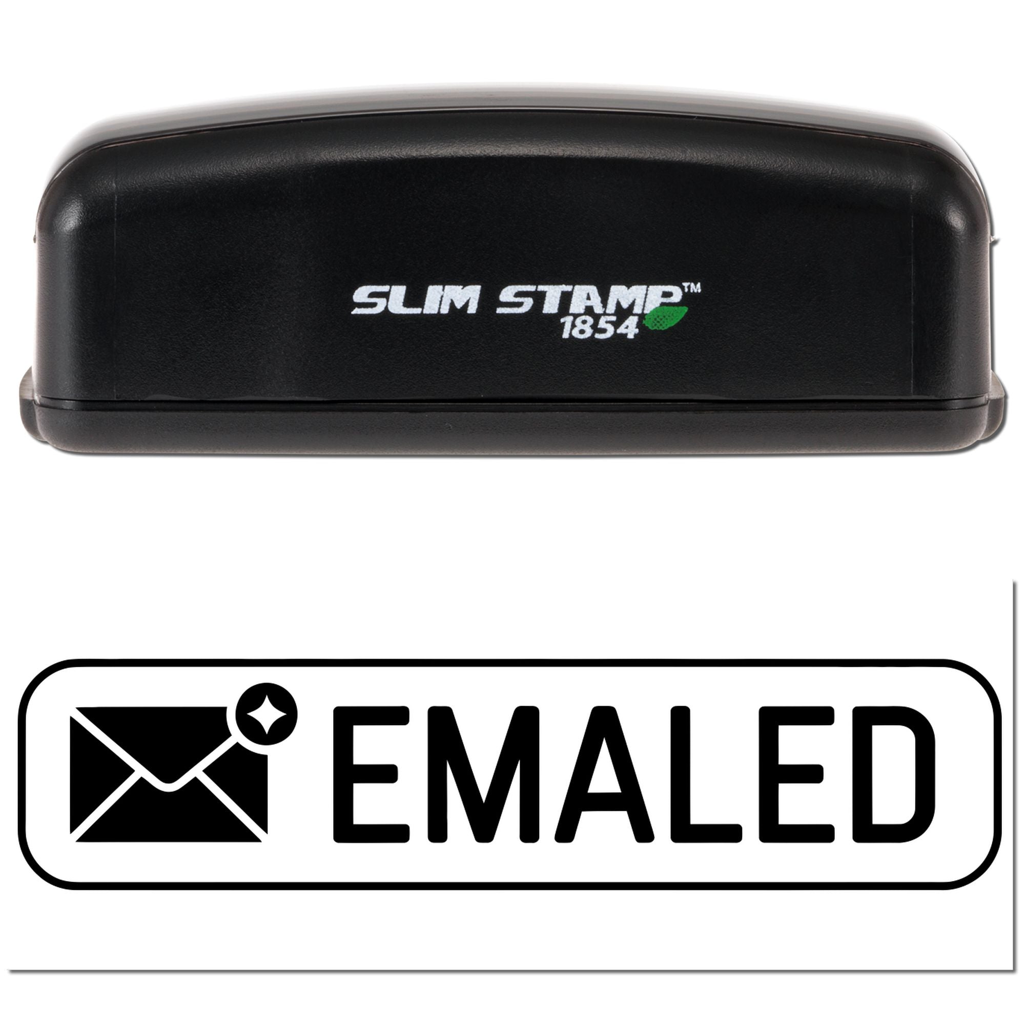 Black Slim Stamp 1854 self-inking stamp with white logo above a black-and-white EMAILED seal icon and envelope.
