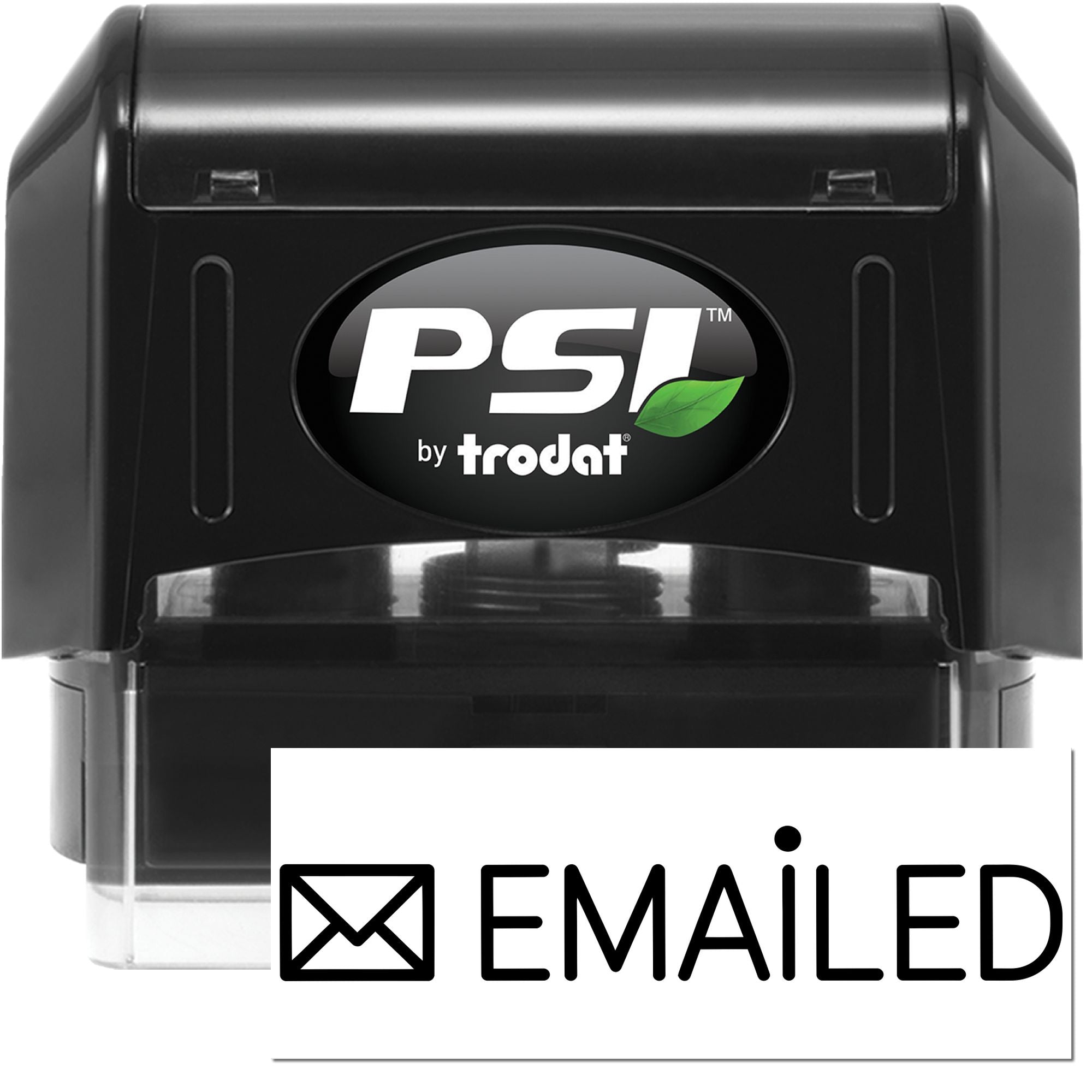 Black PSI by Trodat self-inking stamp and seal with white Emailed imprint and envelope icon.