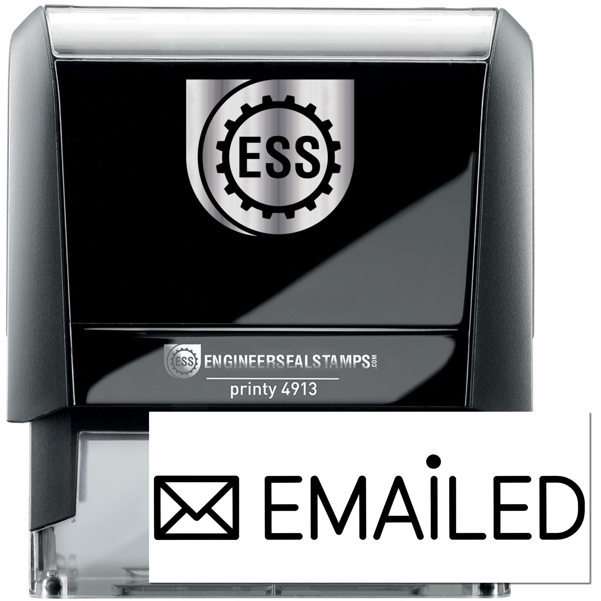 Black and silver self-inking engineer seal stamp with ESS logo and EMAILED endorsement.