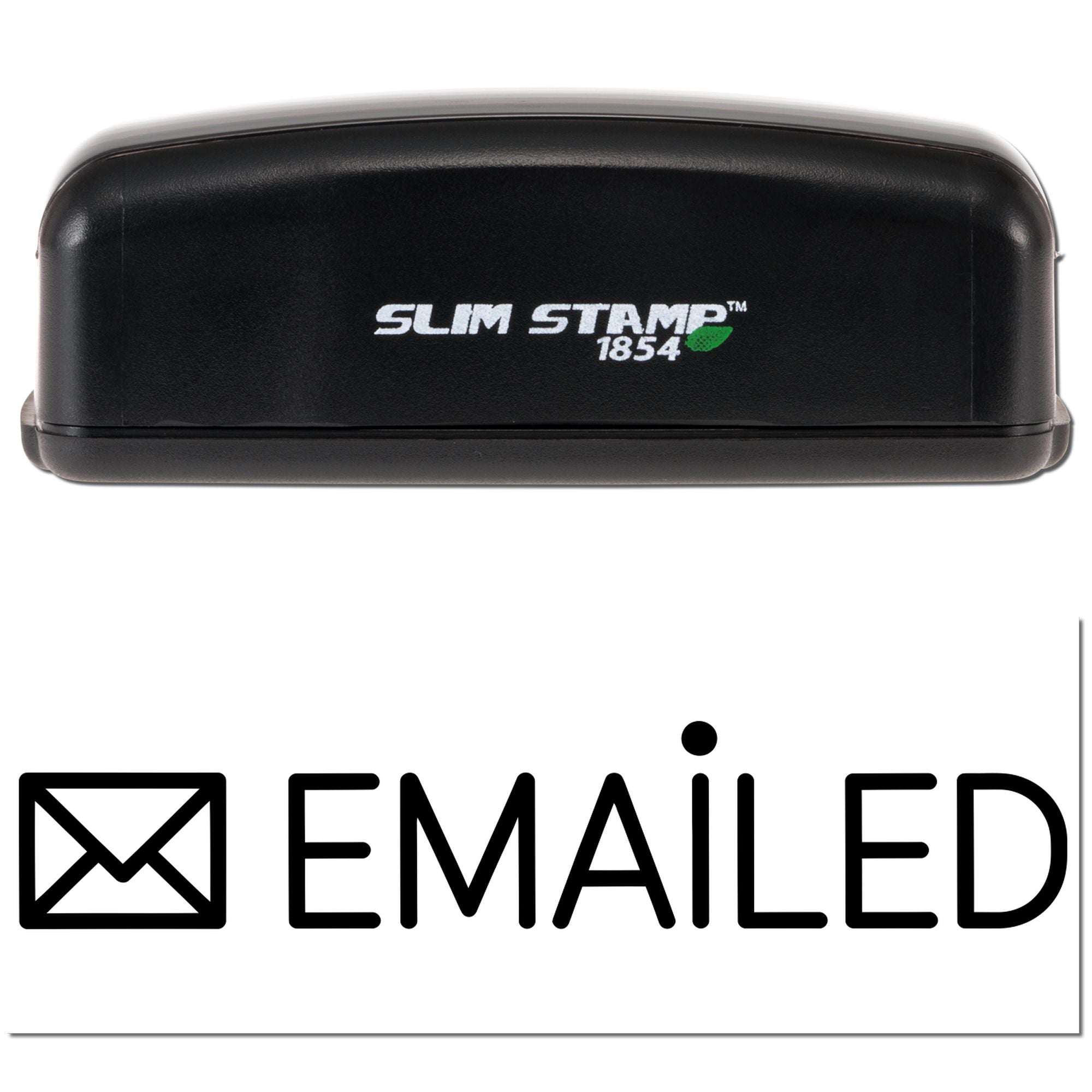 Black Slim Stamp 1854 self-inking stamp with green leaf logo and bold EMAILED seal impression.