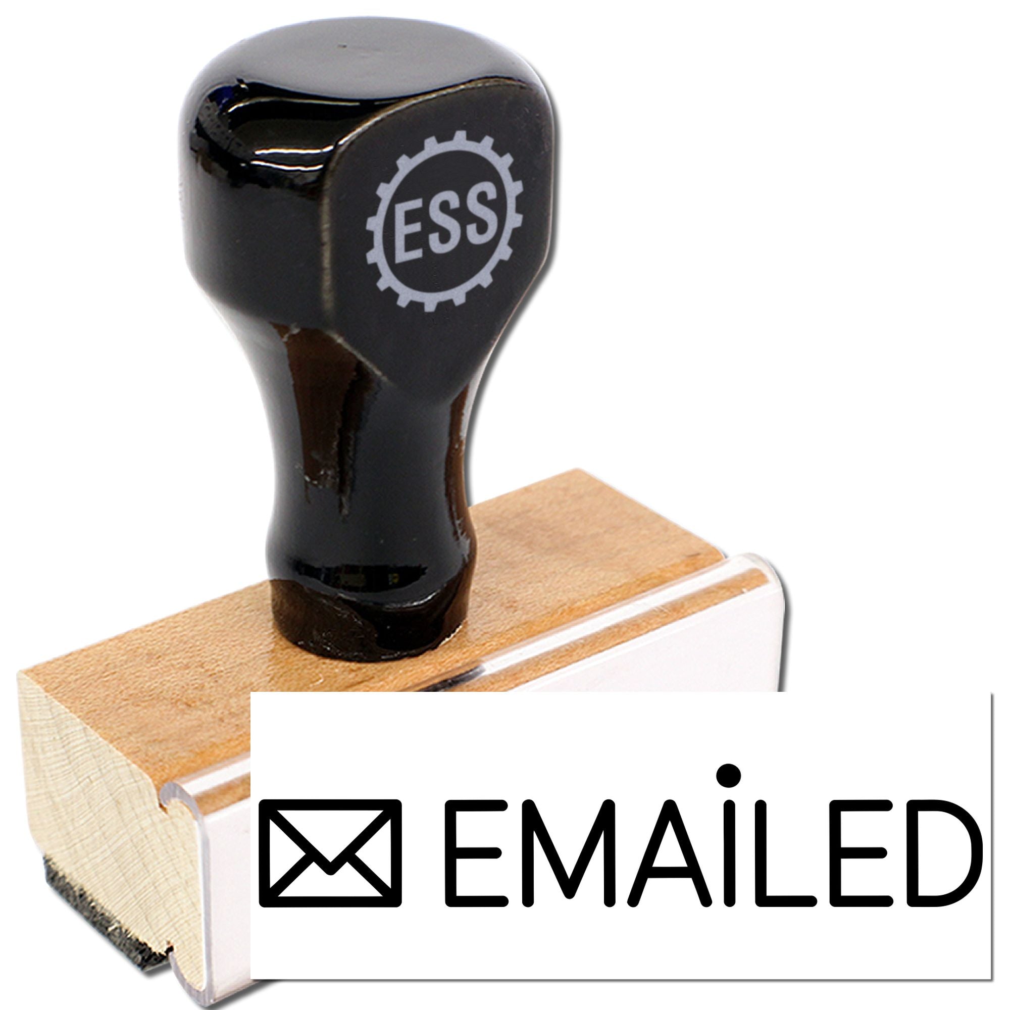 Black stamp and seal with ESS logo on a wooden handle, printing EMAILED in bold on white.