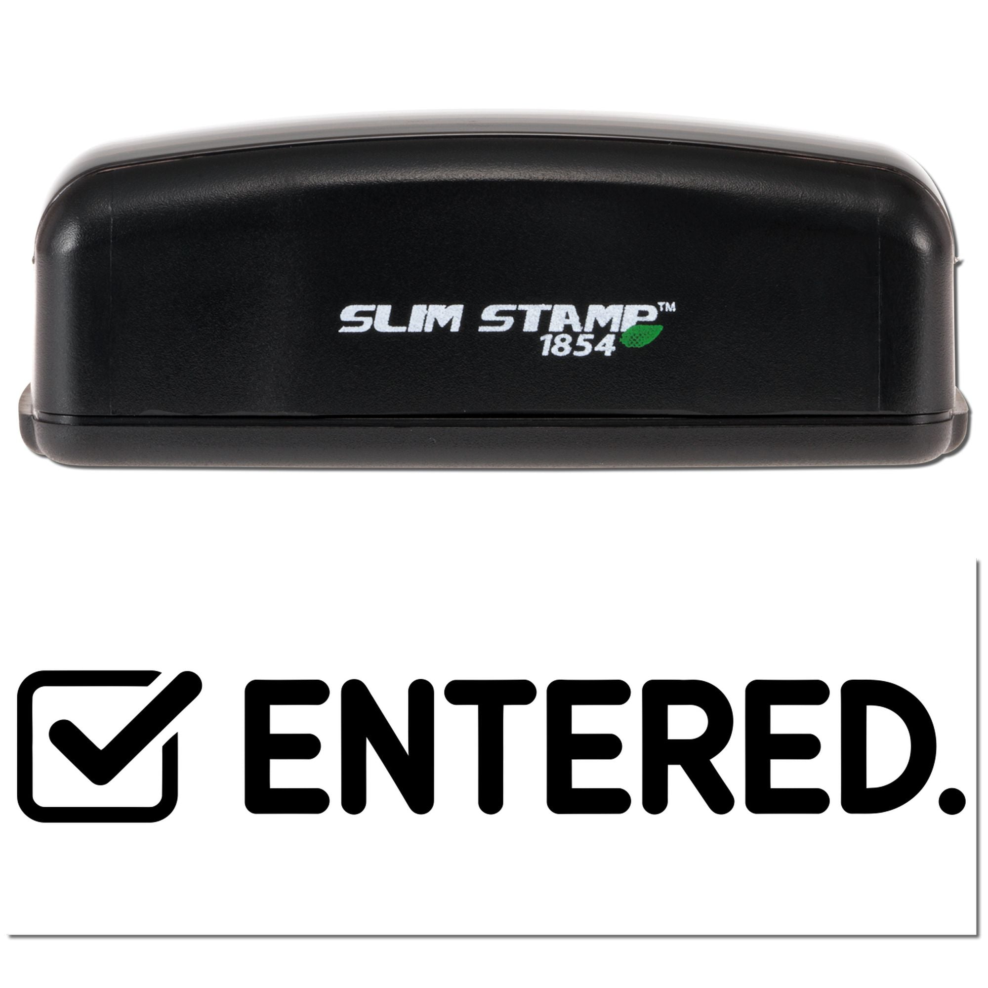 Black Slim Stamp 1854 self-inking stamp case with white logo on white packaging and bold black ENTERED seal.