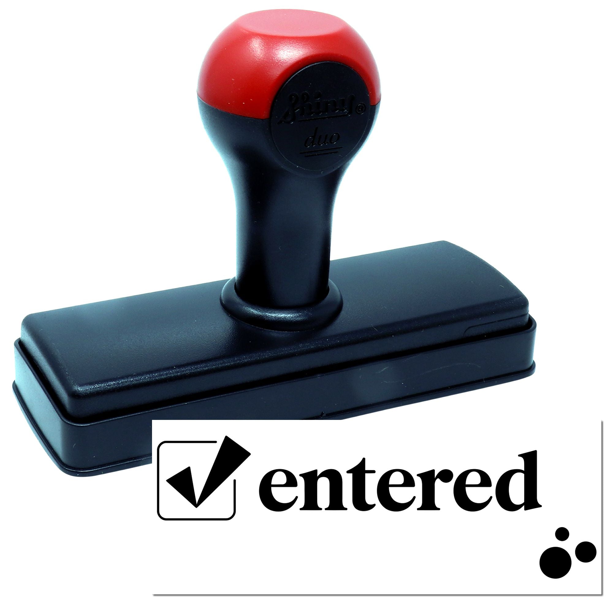 Red and black self-inking stamp and seal with entered imprint on white background