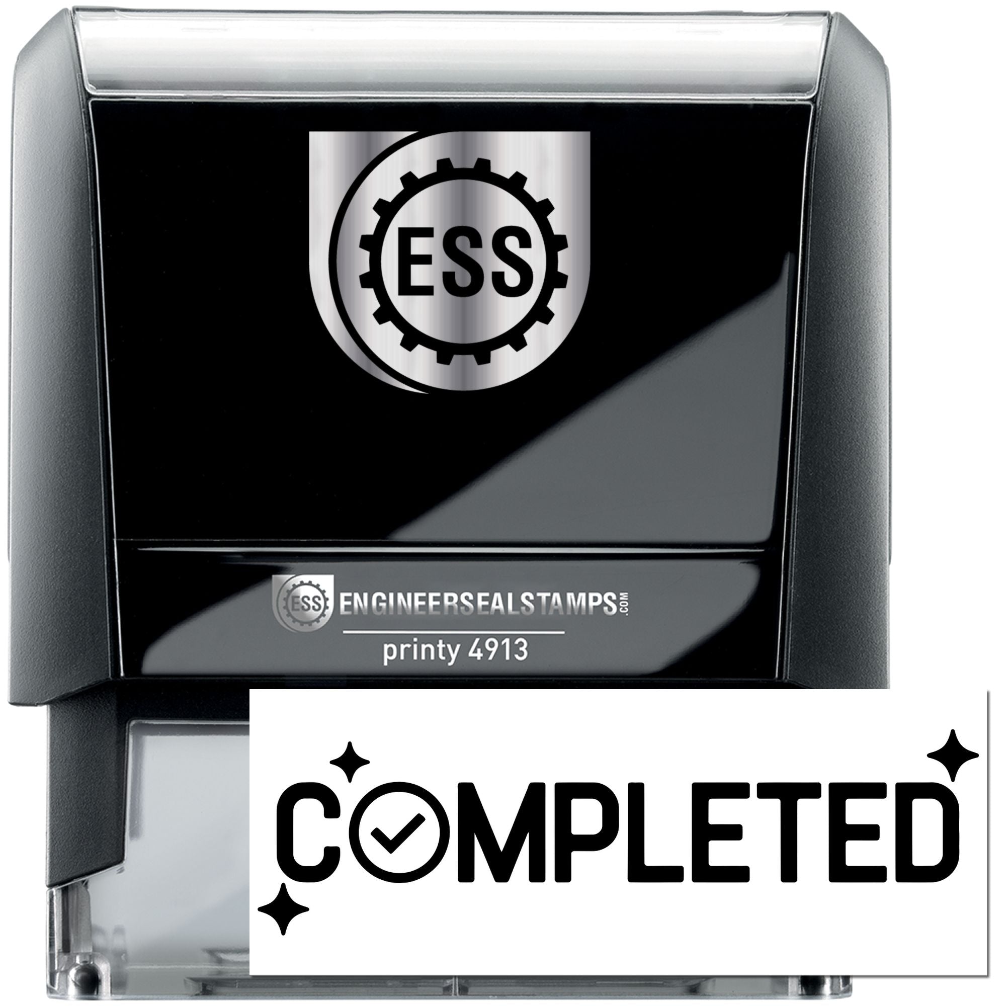 Black and silver ESS self-inking stamp and seal with gear logo and bold COMPLETED imprint.