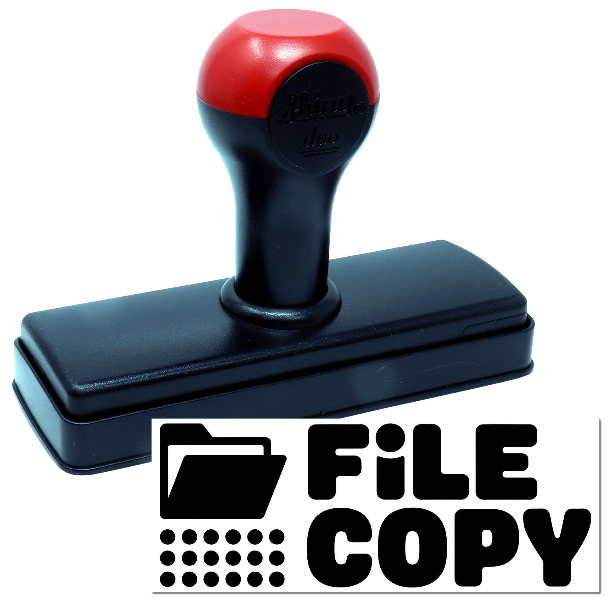 Red and black self-inking file copy stamp with rectangular seal base and handle for office document marking