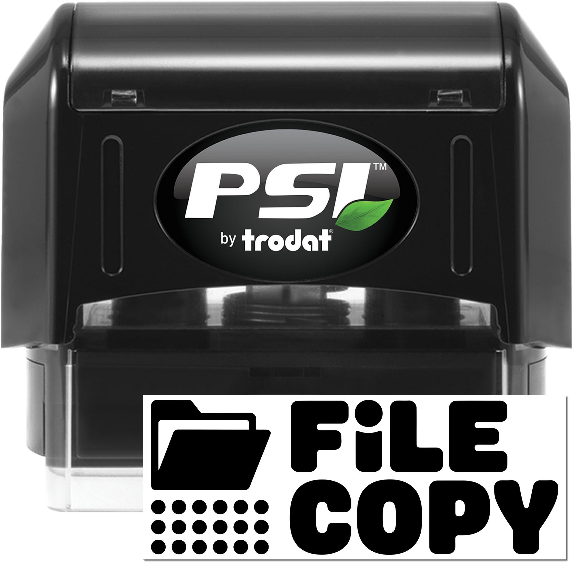 Black PSI by Trodat self-inking file copy stamp and seal with clear base and green leaf logo