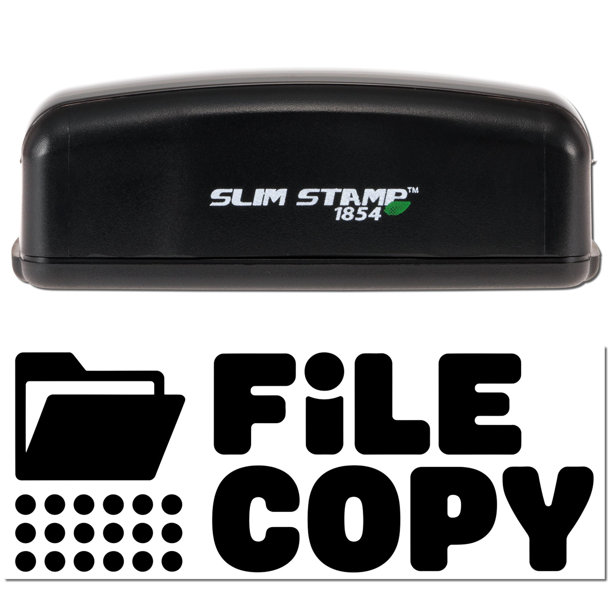 Black Slim Stamp 1854 self-inking stamp with green leaf logo above bold black file copy icon on white background