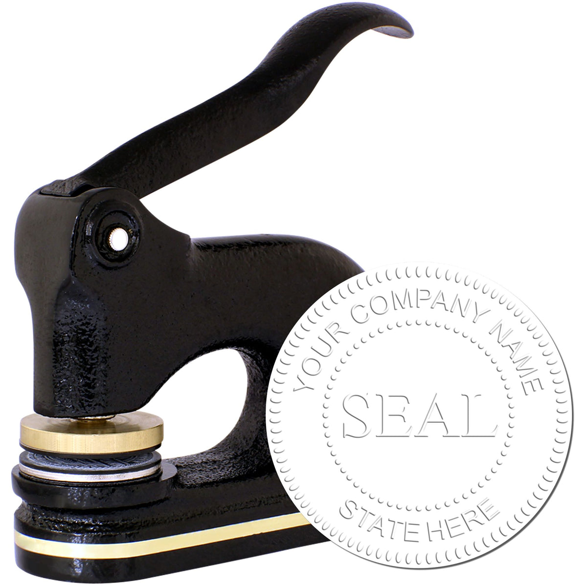 Black metal stamp and seal press with brass accents and white custom company seal disc on a white background