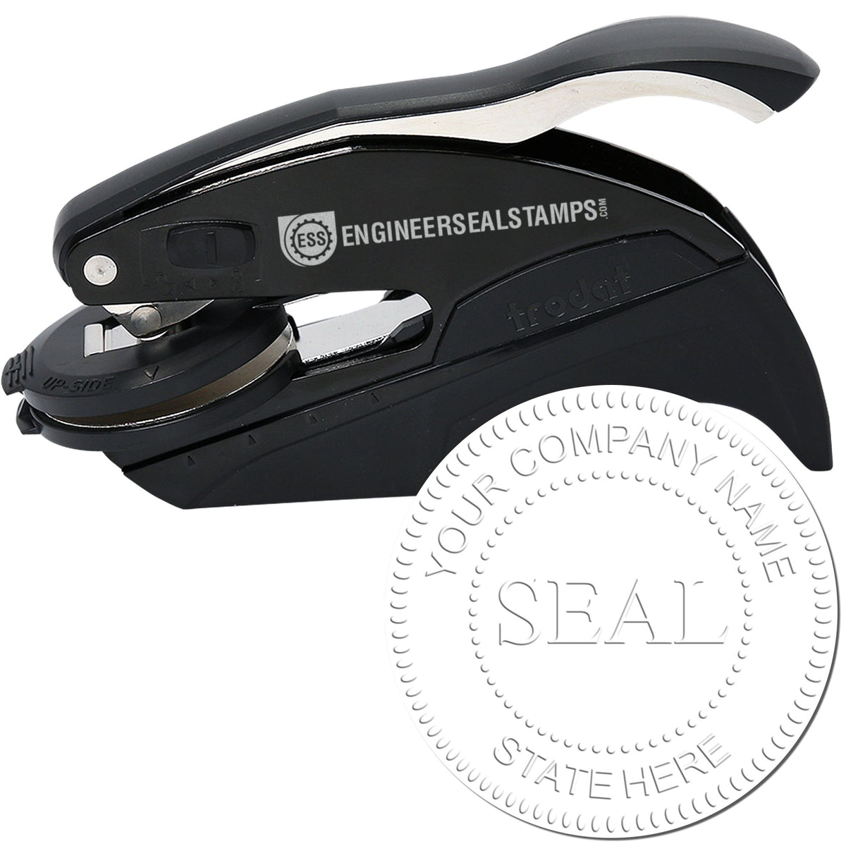 Black self-inking stamp seal with silver metal accents and custom white circular company seal impression
