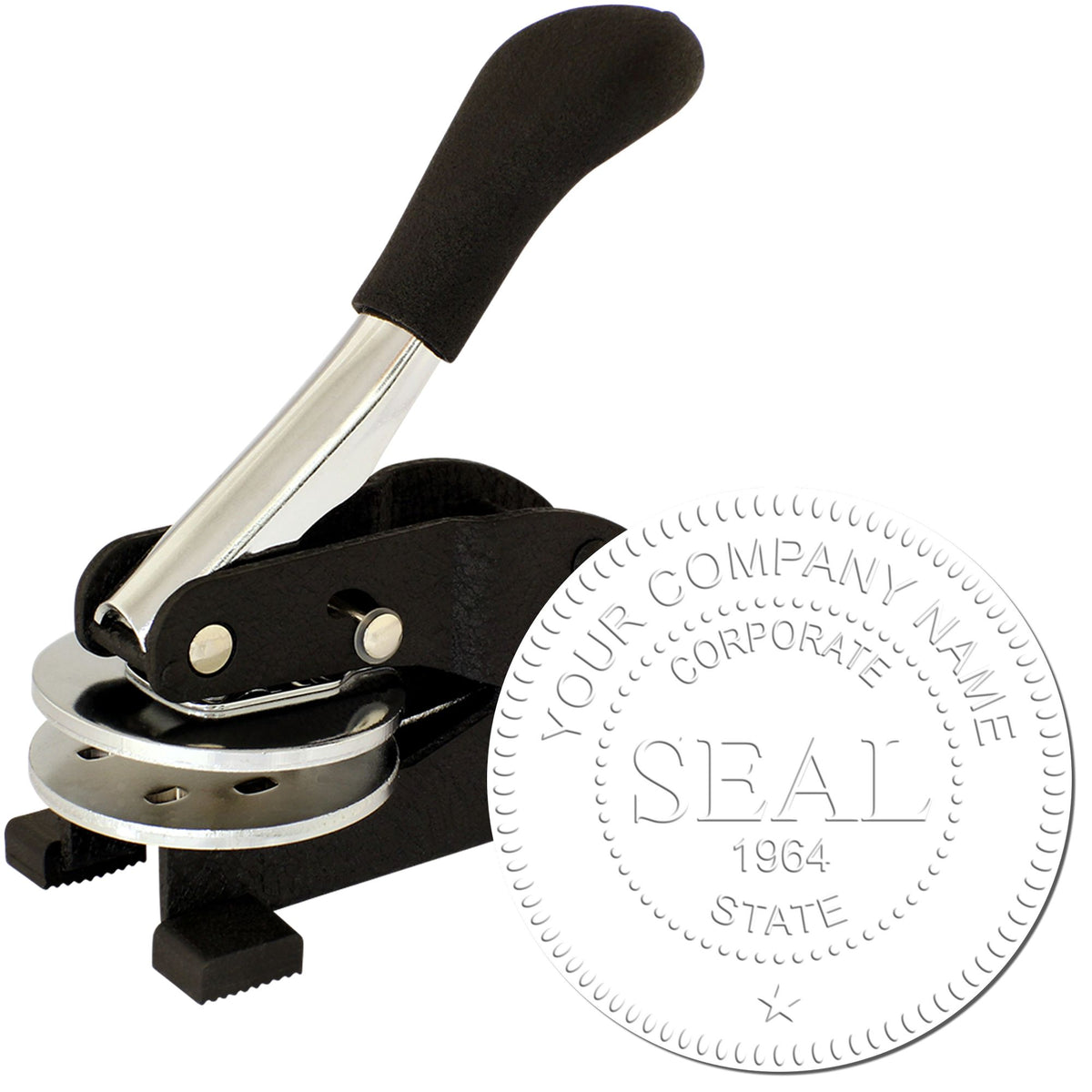 Black metal embossing seal stamp with chrome handle and custom round seal reading SEAL, 1964, on white background.
