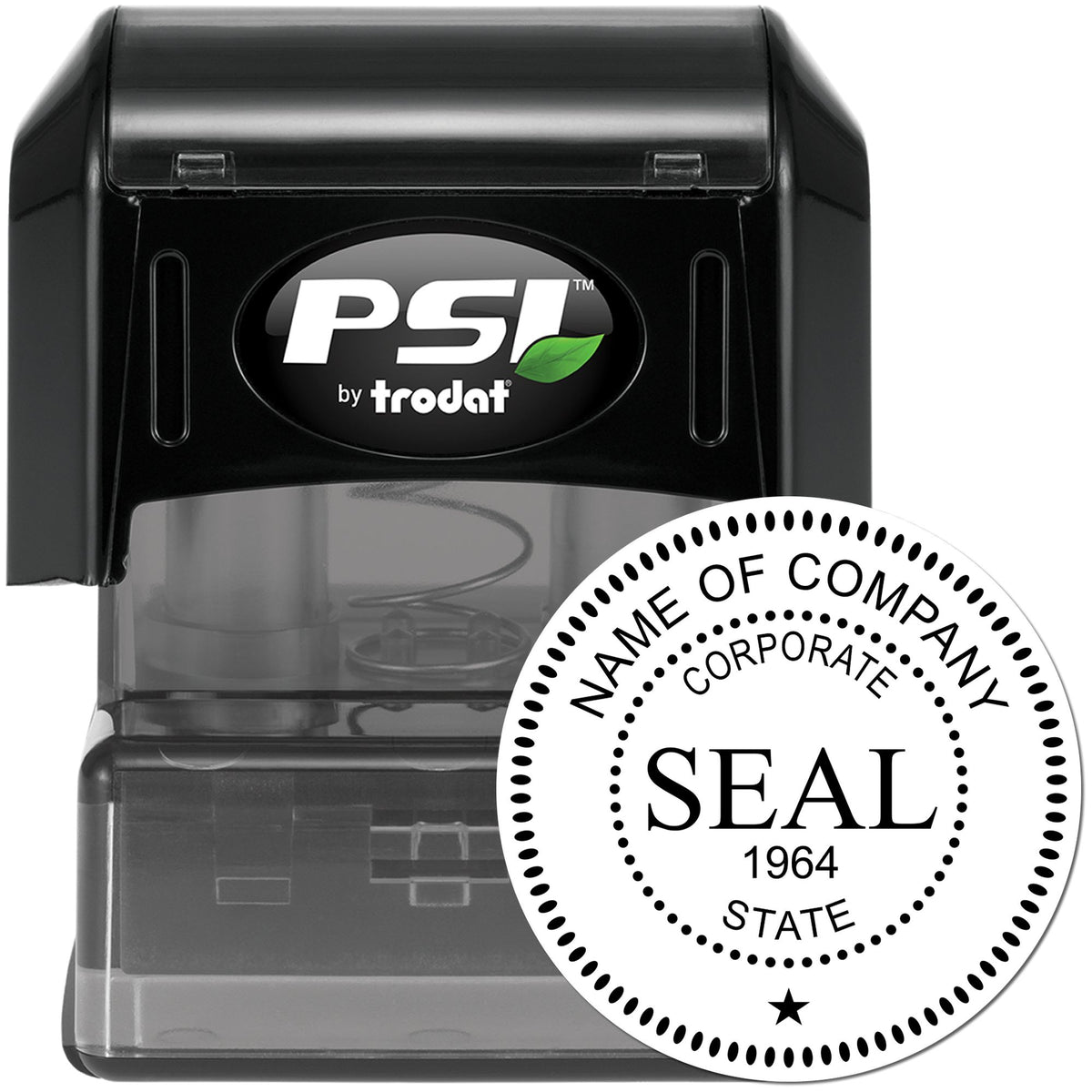 Black PSI by Trodat self-inking stamp with clear gray housing and a white round corporate seal reading SEAL 1964 STATE.