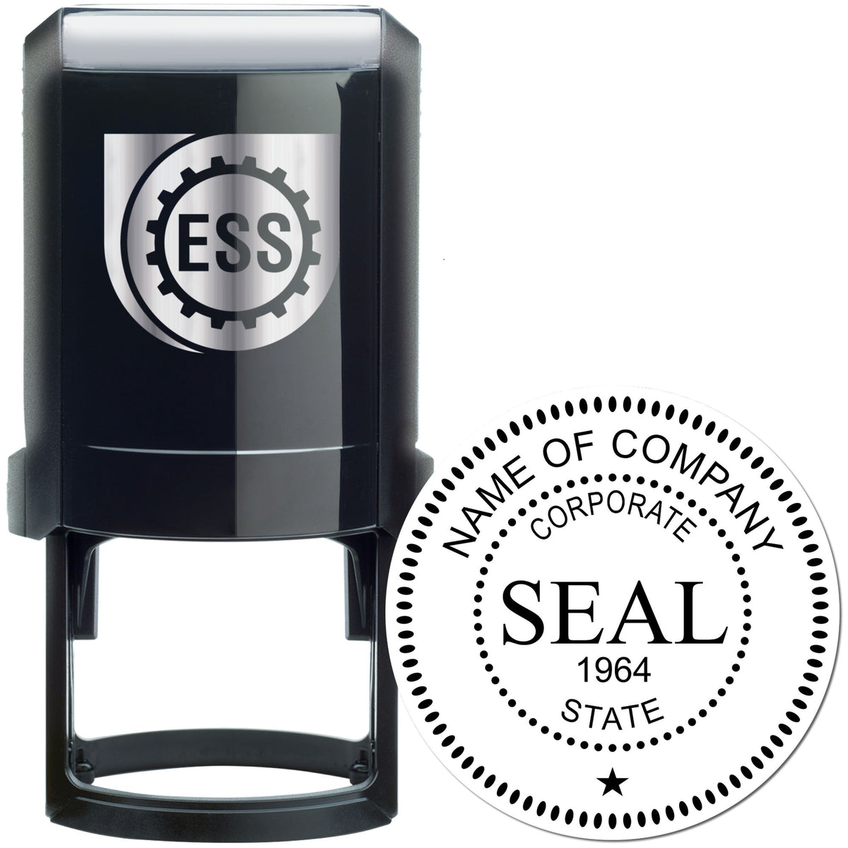 Black self-inking ESS stamp with gear logo beside a round corporate seal reading SEAL 1964, white and black.