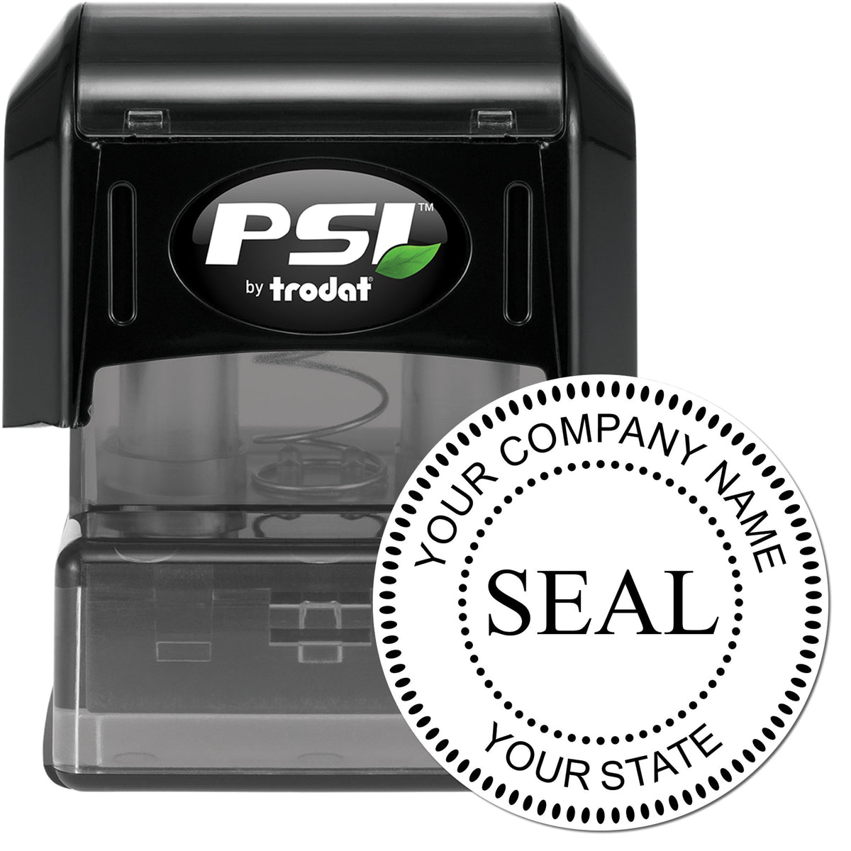 Black PSI by trodat self-inking stamp with translucent case and round white company seal reading YOUR COMPANY NAME.