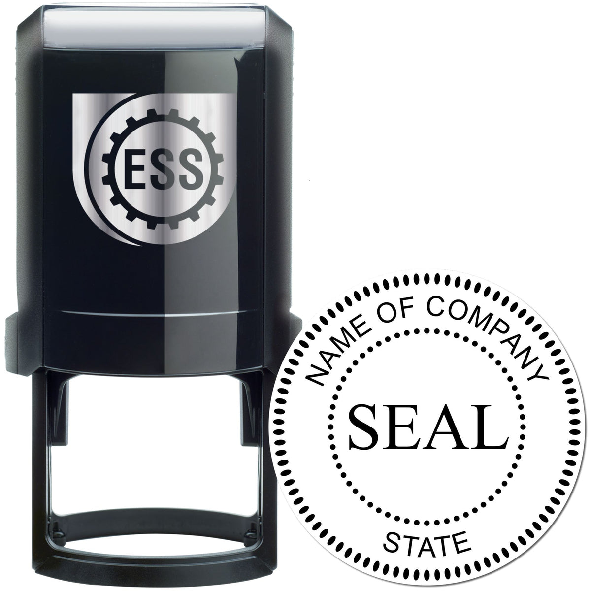 Black ESS self-inking stamp and white circular company seal with dotted border on white background.