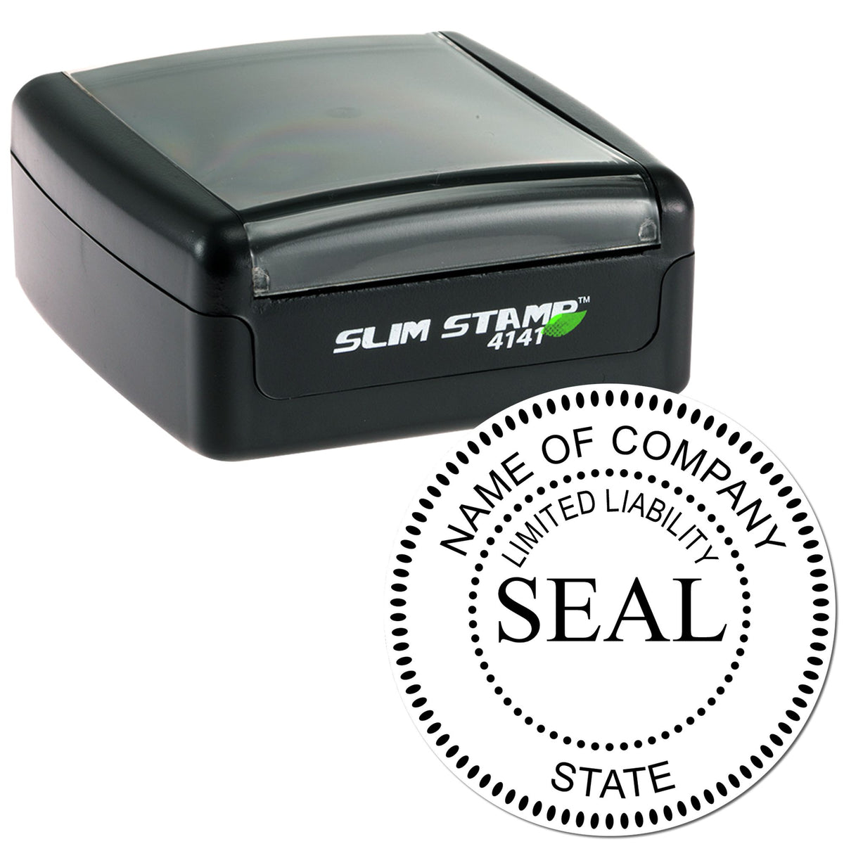 Black Slim Stamp 4141 self-inking seal with gray lid and circular company seal impression in black on white.