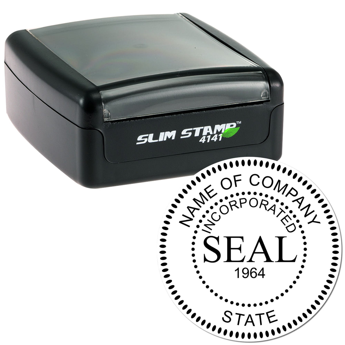 Black Slim Stamp 4141 self-inking stamp with translucent top beside a circular corporate seal, Seal 1964.