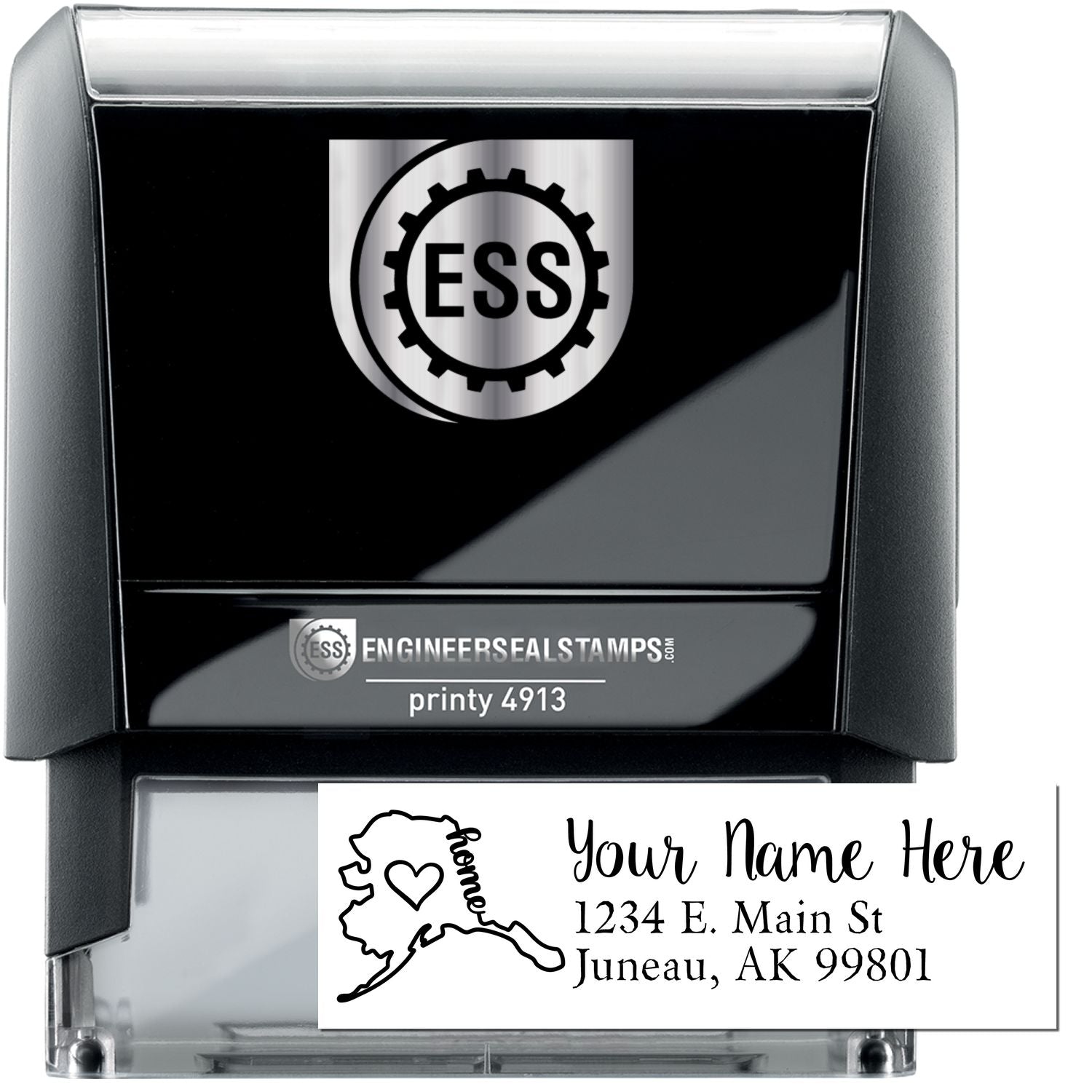 Alaska Self-Inking State Love Address Stamp with a heart design and customizable address field, featuring a durable black casing and clear imprint for personalizing mail from Juneau, AK.