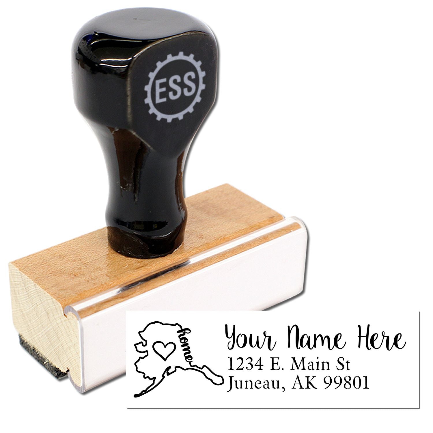 Wood Handle Alaska Custom Address Rubber Stamp with a black top and wooden base. Features a sample address design with an Alaska outline and customizable text. Perfect for personalized stamping needs.