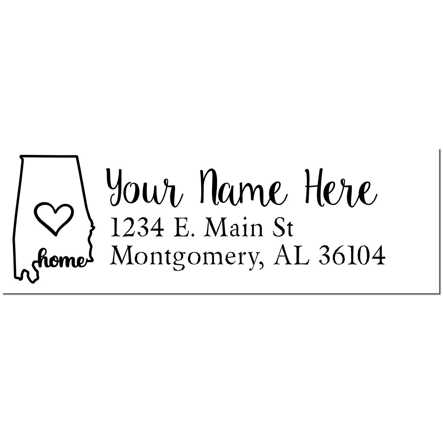 Wood Handle Alabama Custom Address Rubber Stamp with 'Your Name Here' text, heart design, and address lines for personalization. Ideal for adding a personal touch to mail and stationery.