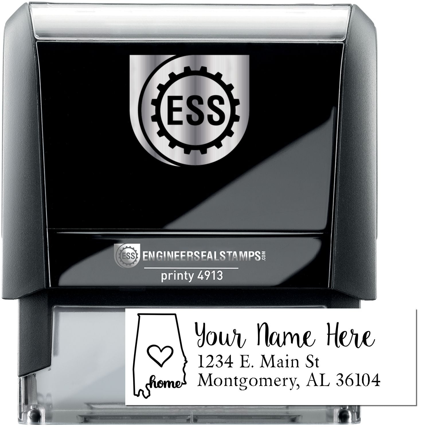 Alabama Self-Inking State Love Address Stamp with a heart design and home text. Features customizable address area. Ideal for personalizing mail with a touch of Alabama pride.