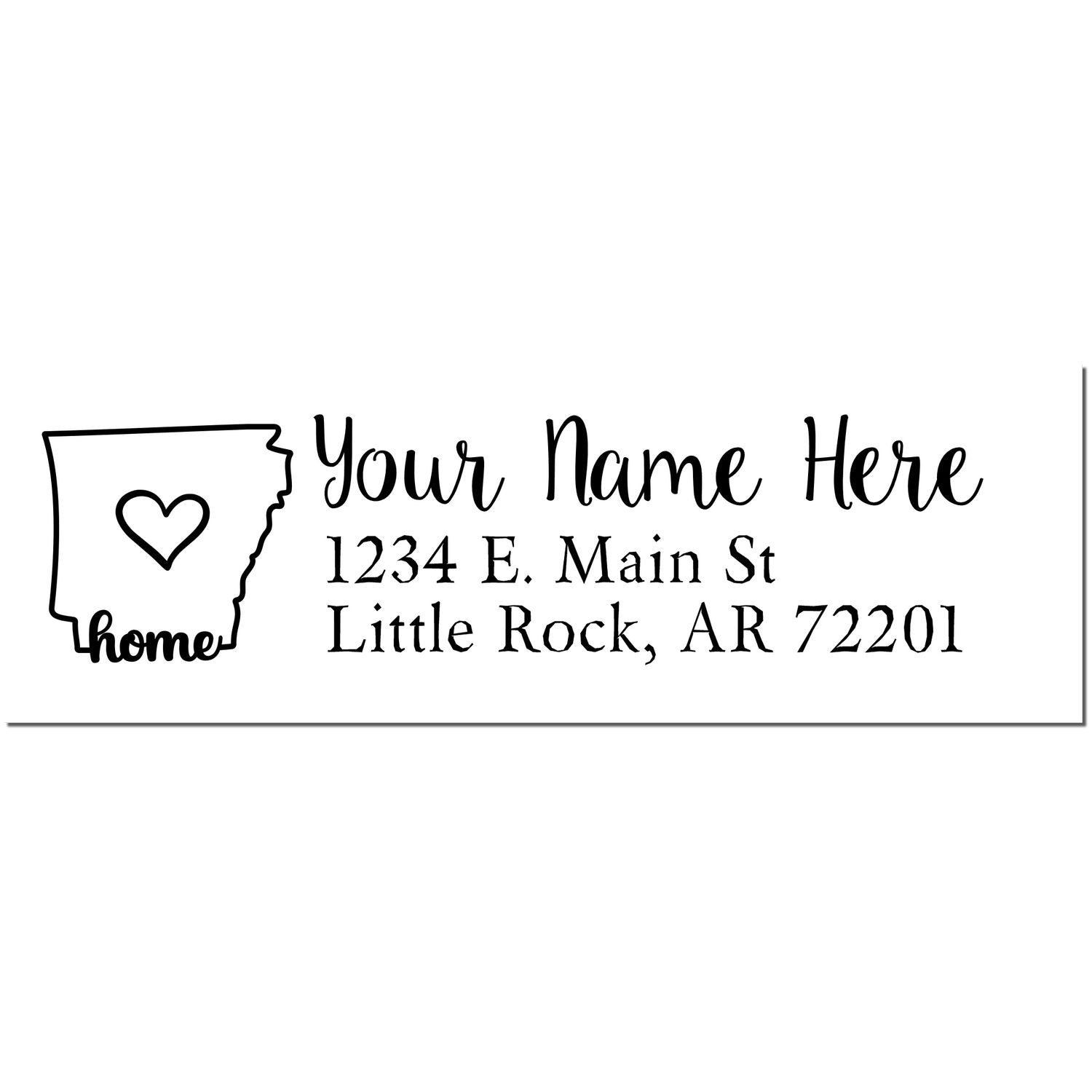 PSI Pre-Inked Personalized Arkansas State Love Address Stamp featuring a heart inside the state outline, customizable with name and address. Perfect for adding a personal touch to mail.