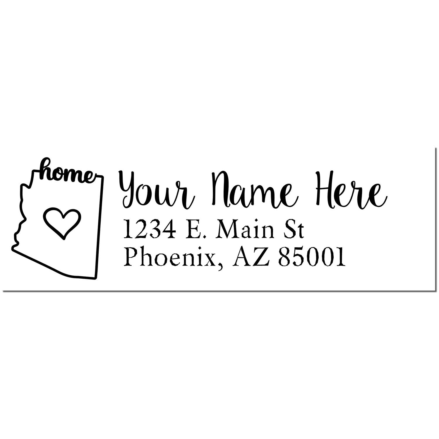 Slim Pre-Inked Arizona State Love Custom Address Stamp featuring a heart inside the state outline with home text, customizable name, and address in elegant black font.