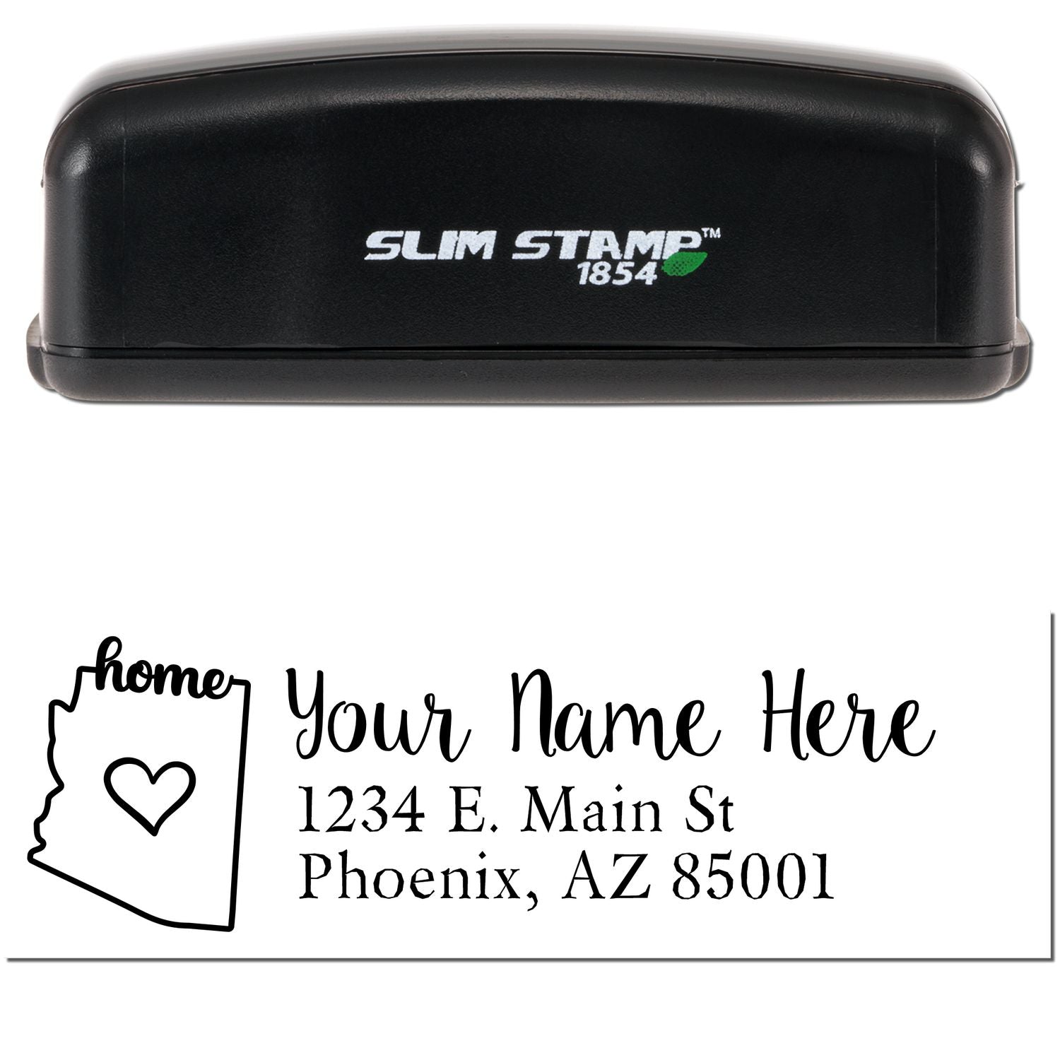 Slim Pre-Inked Arizona State Love Custom Address Stamp with a black casing. Features a heart inside the state outline and customizable address text below. Perfect for personalizing mail.