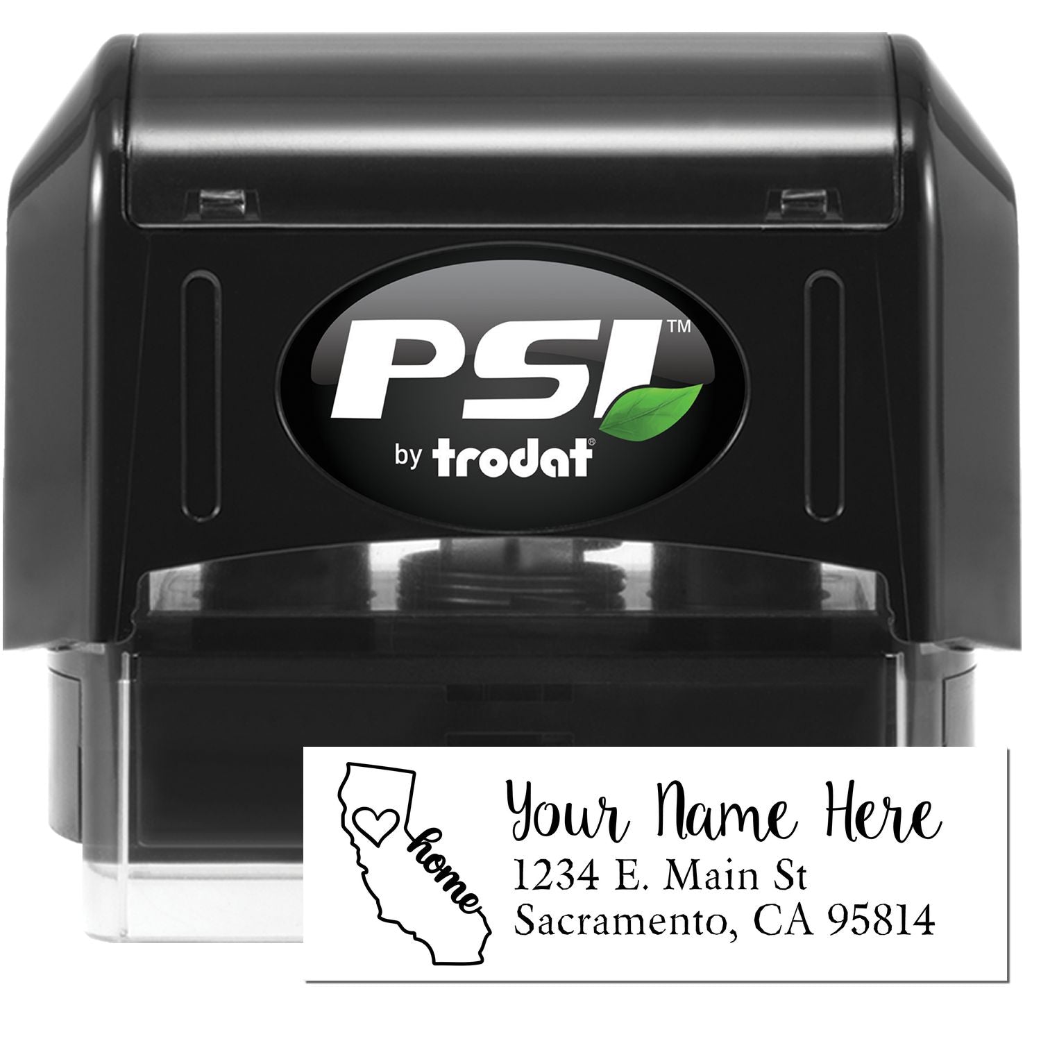 PSI Pre-Inked Personalized California State Love Address Stamp with a black casing. Features a customizable address area with a heart and home text inside a California state outline.