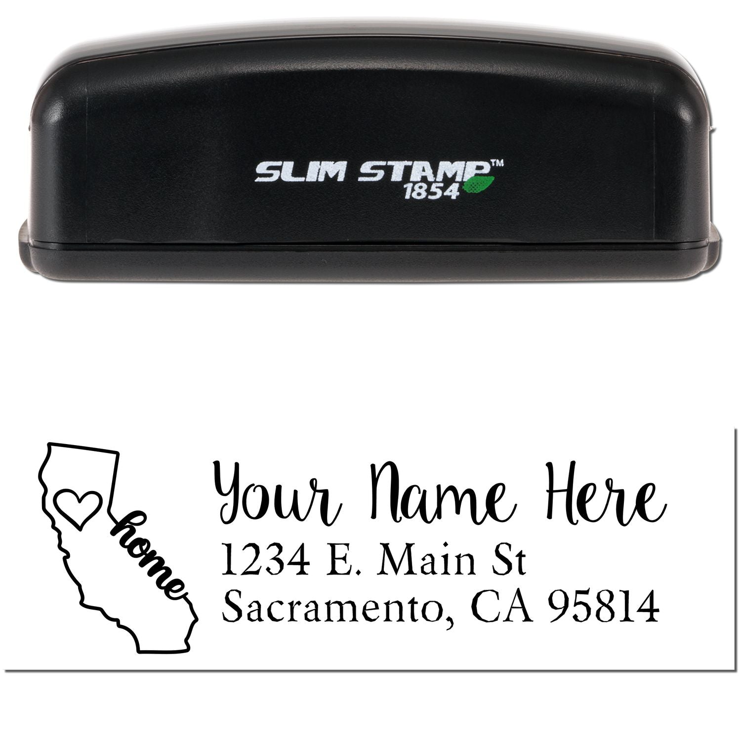 Slim Pre-Inked California State Love Custom Address Stamp with a black casing. Features a heart design inside the state outline and customizable address text below.