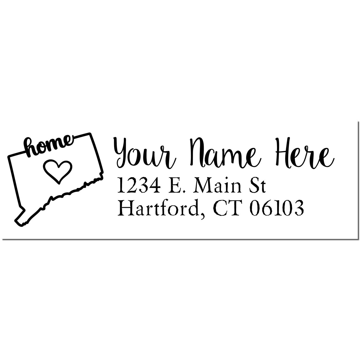 Connecticut Self-Inking State Love Address Stamp featuring a map outline with a heart and the word home. Customizable with name and address in elegant font. Perfect for personalizing mail.