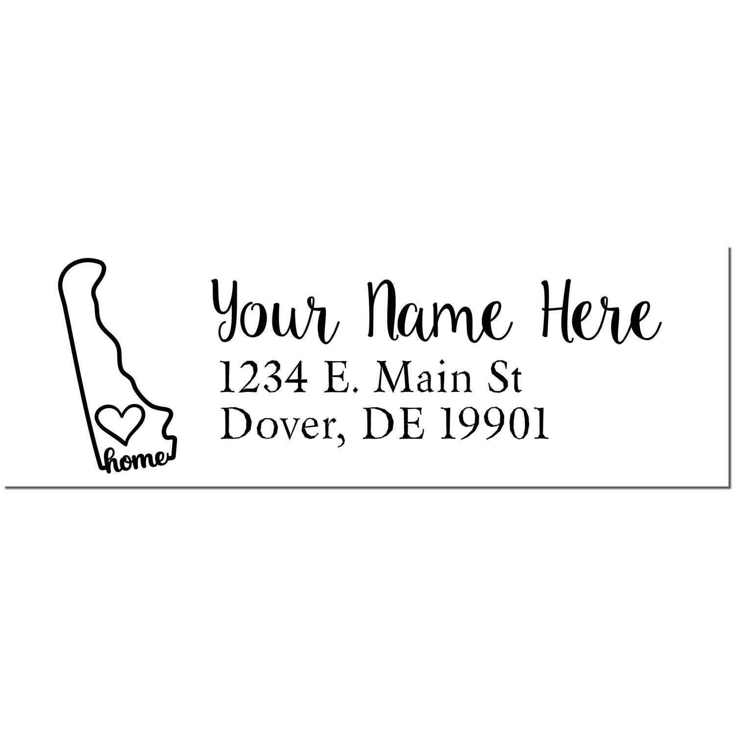 Image of a Wood Handle Delaware Custom Address Rubber Stamp with a design featuring the state outline, Your Name Here, and an address placeholder. Ideal for personalized mail and stationery.