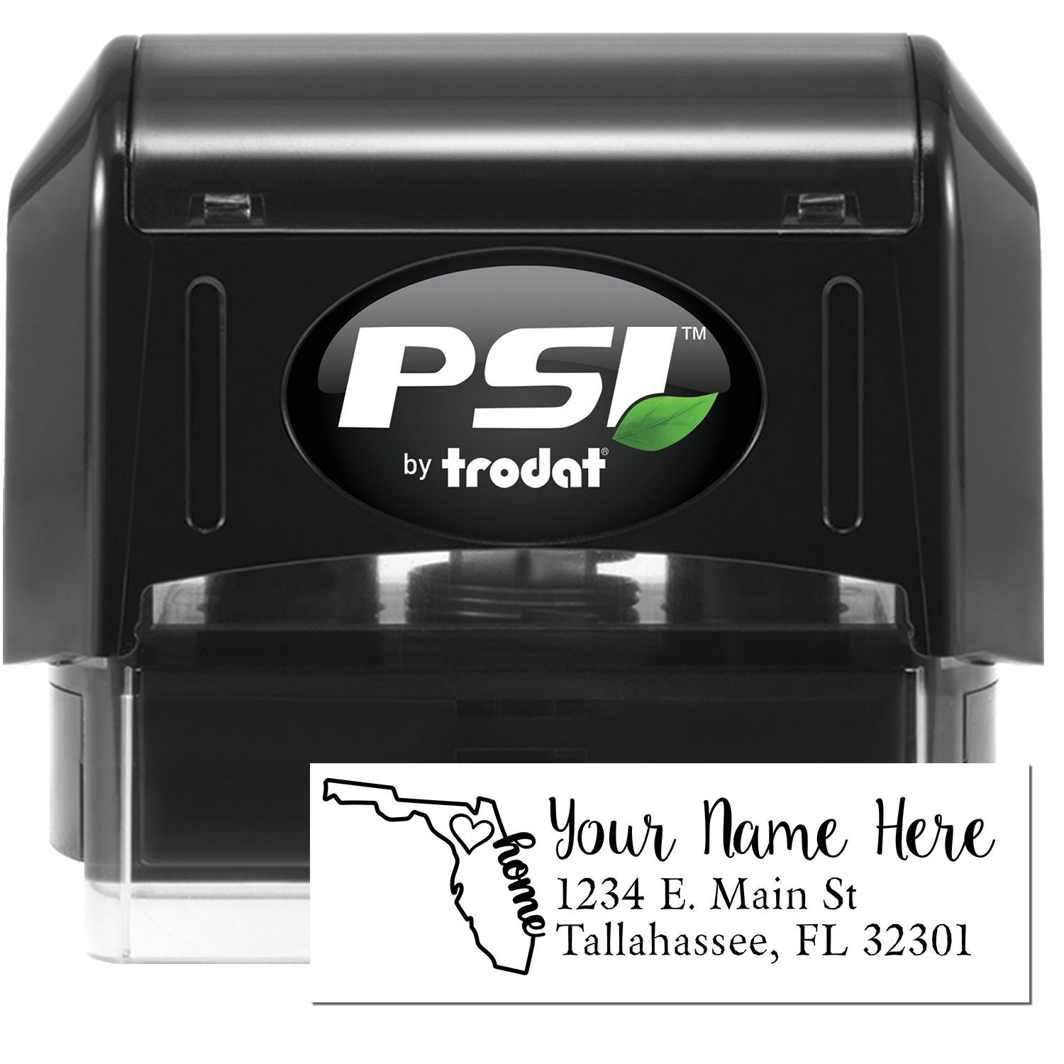 PSI Pre-Inked Personalized Florida State Love Address Stamp, featuring a black casing and a sample imprint with a Florida outline, Home text, and customizable address space.