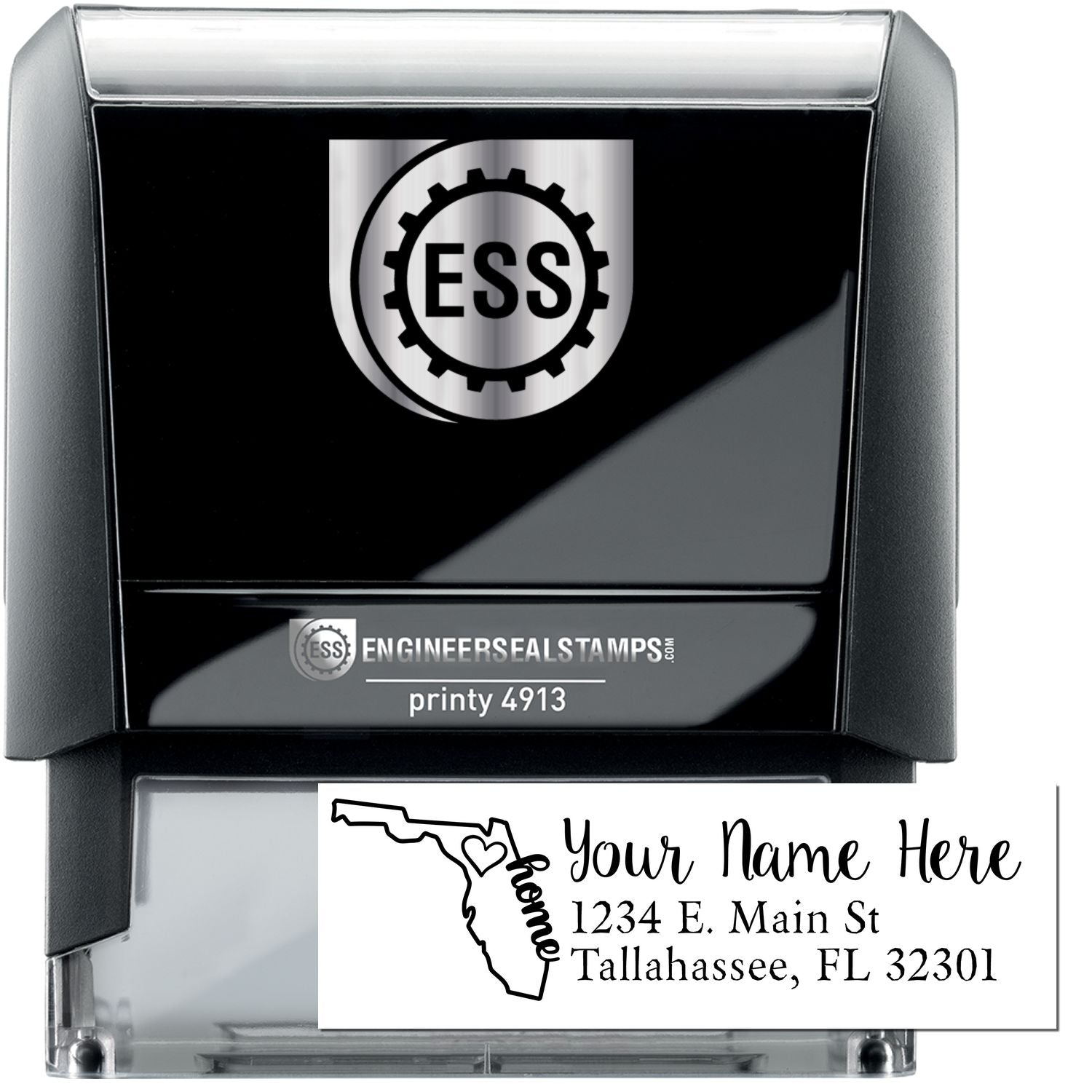 Florida Self-Inking State Love Address Stamp with a black casing, featuring a customizable address area and a Florida state outline with home text. Ideal for personalizing mail with ease.