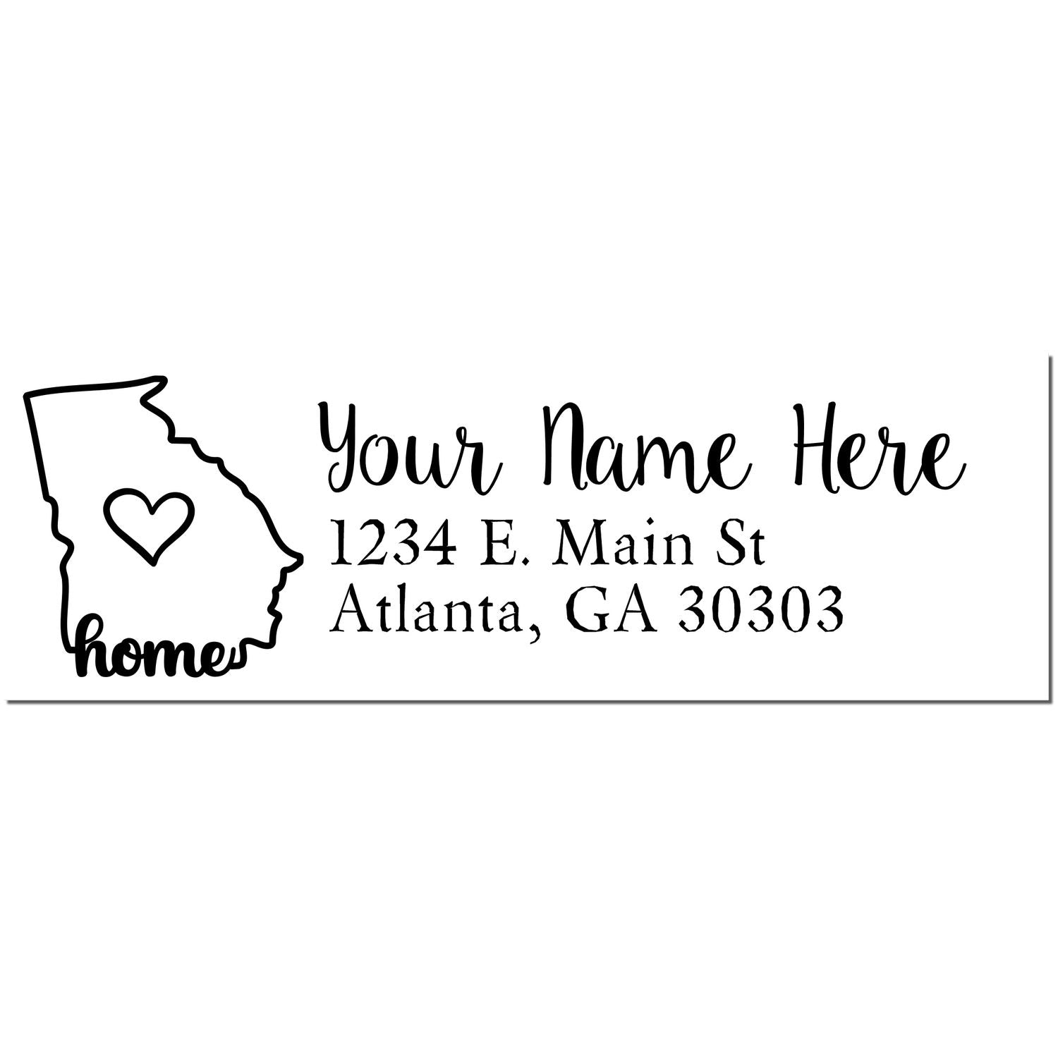 Slim Pre-Inked Georgia State Love Custom Address Stamp featuring a heart inside Georgia outline, with customizable text for name and address. Perfect for personalizing mail with a touch of home.