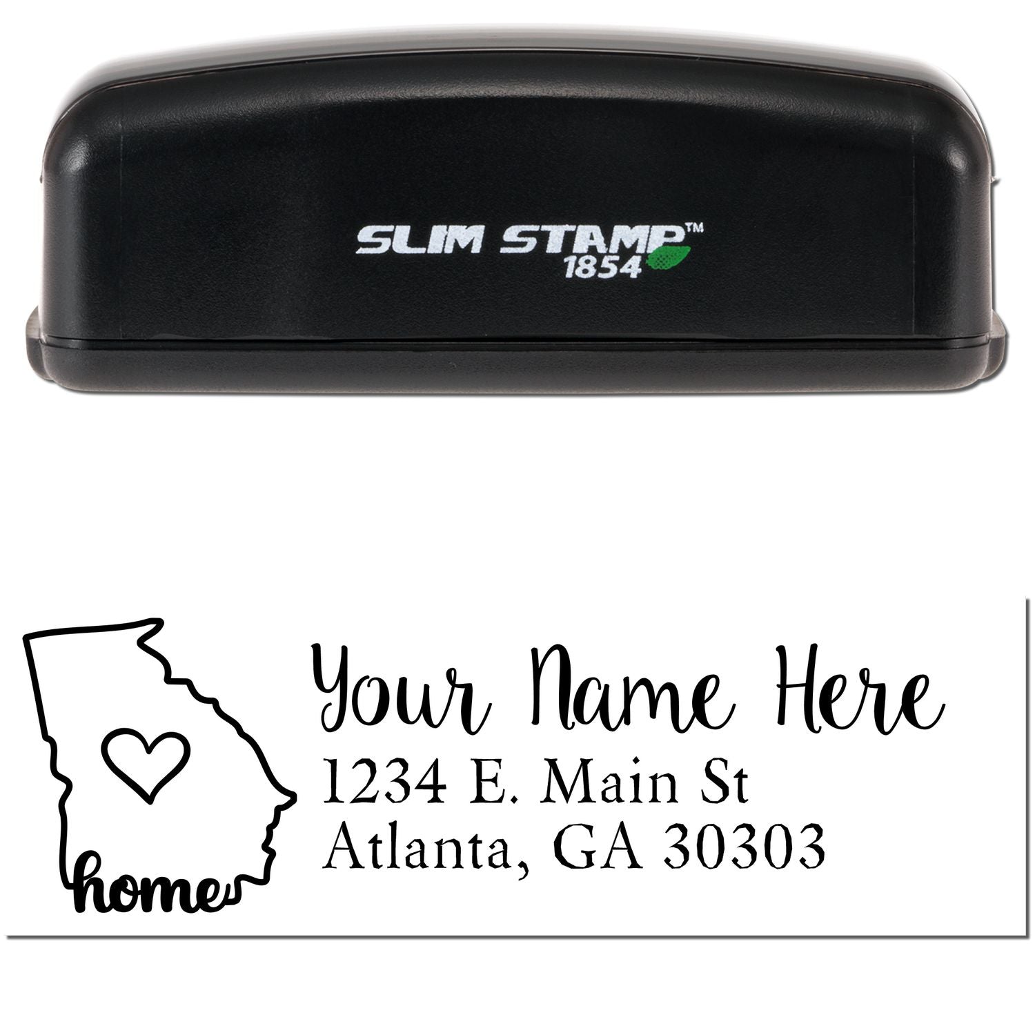 Image of a Slim Pre-Inked Georgia State Love Custom Address Stamp, featuring a black stamp case and an imprint design with a heart inside the Georgia state outline, personalized with an address.