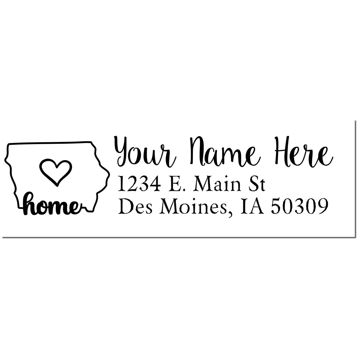 Iowa Self-Inking State Love Address Stamp featuring a heart inside the Iowa state outline, customizable with name and address in elegant font. Perfect for personalizing mail from Des Moines, IA.