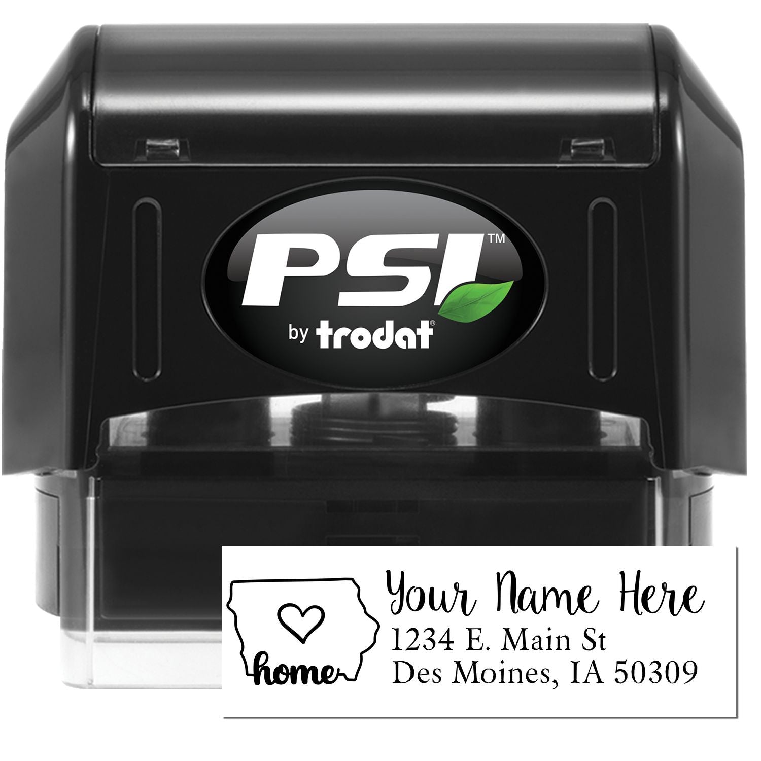 PSI Pre-Inked Personalized Iowa State Love Address Stamp featuring a black casing with a sample address design, including a heart and home text inside the Iowa state outline.