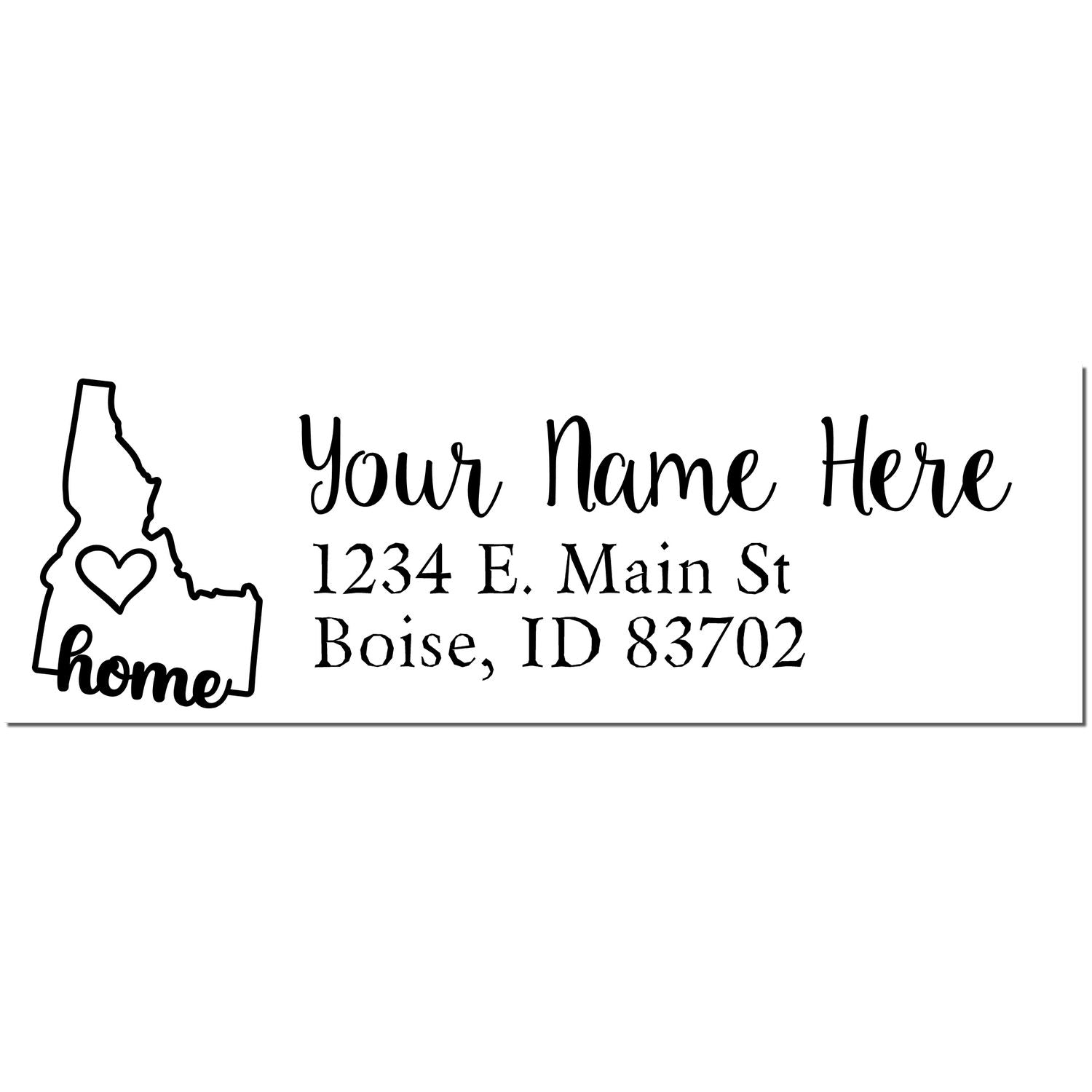 Slim Pre-Inked Idaho State Love Custom Address Stamp featuring a heart inside Idaho outline, with customizable name and address in elegant font. Perfect for personalizing mail with a touch of home.