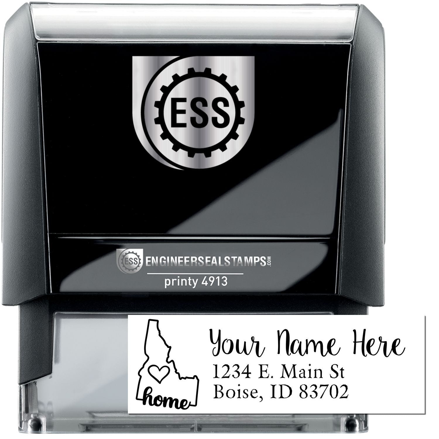 Image of the Idaho Self-Inking State Love Address Stamp, featuring a black stamp with ESS logo and a sample address: Your Name Here, 1234 E. Main St, Boise, ID 83702 with a heart in Idaho outline.