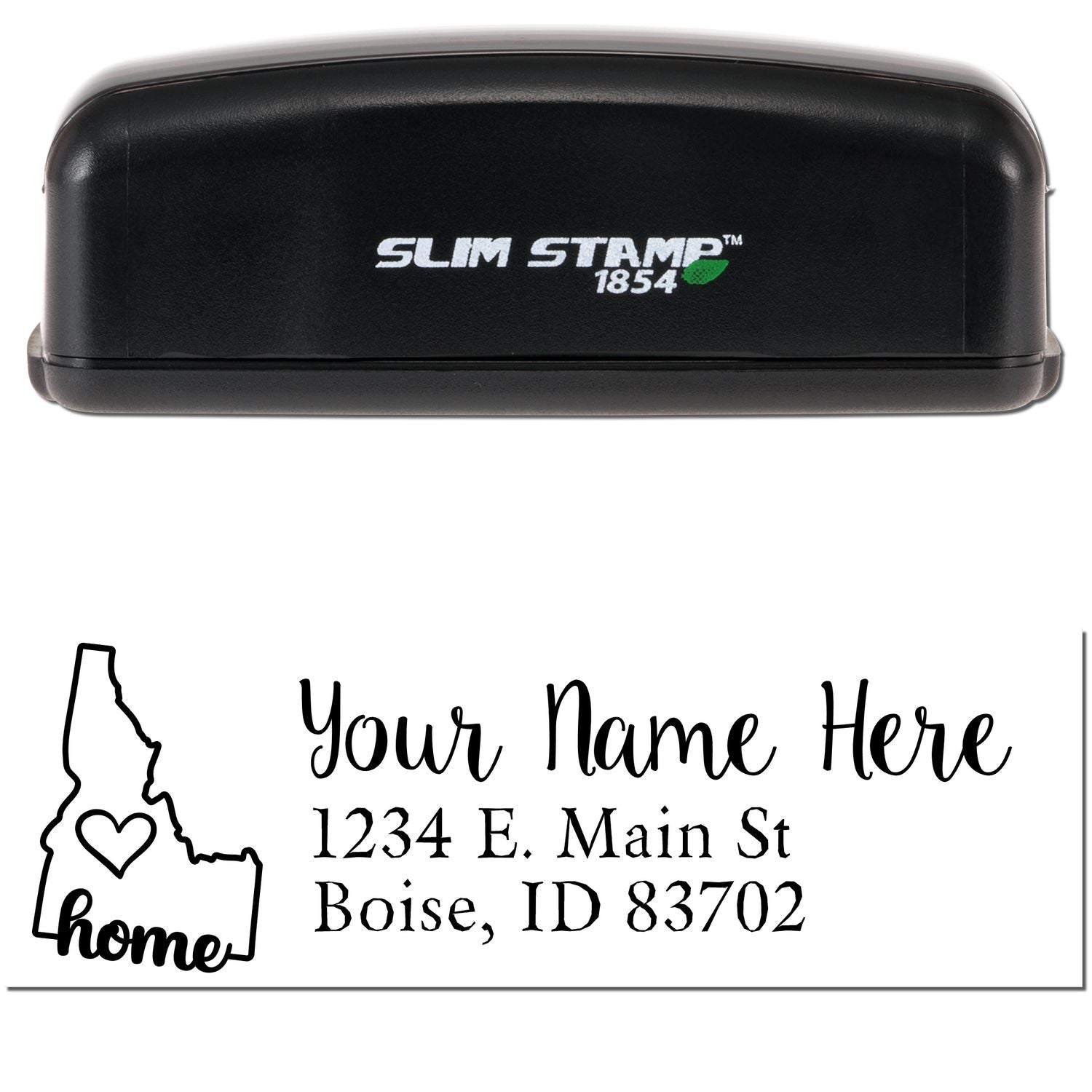 Slim Pre-Inked Idaho State Love Custom Address Stamp with a black casing. Features a heart inside Idaho outline and customizable address text: Your Name Here, 1234 E. Main St, Boise, ID 83702.