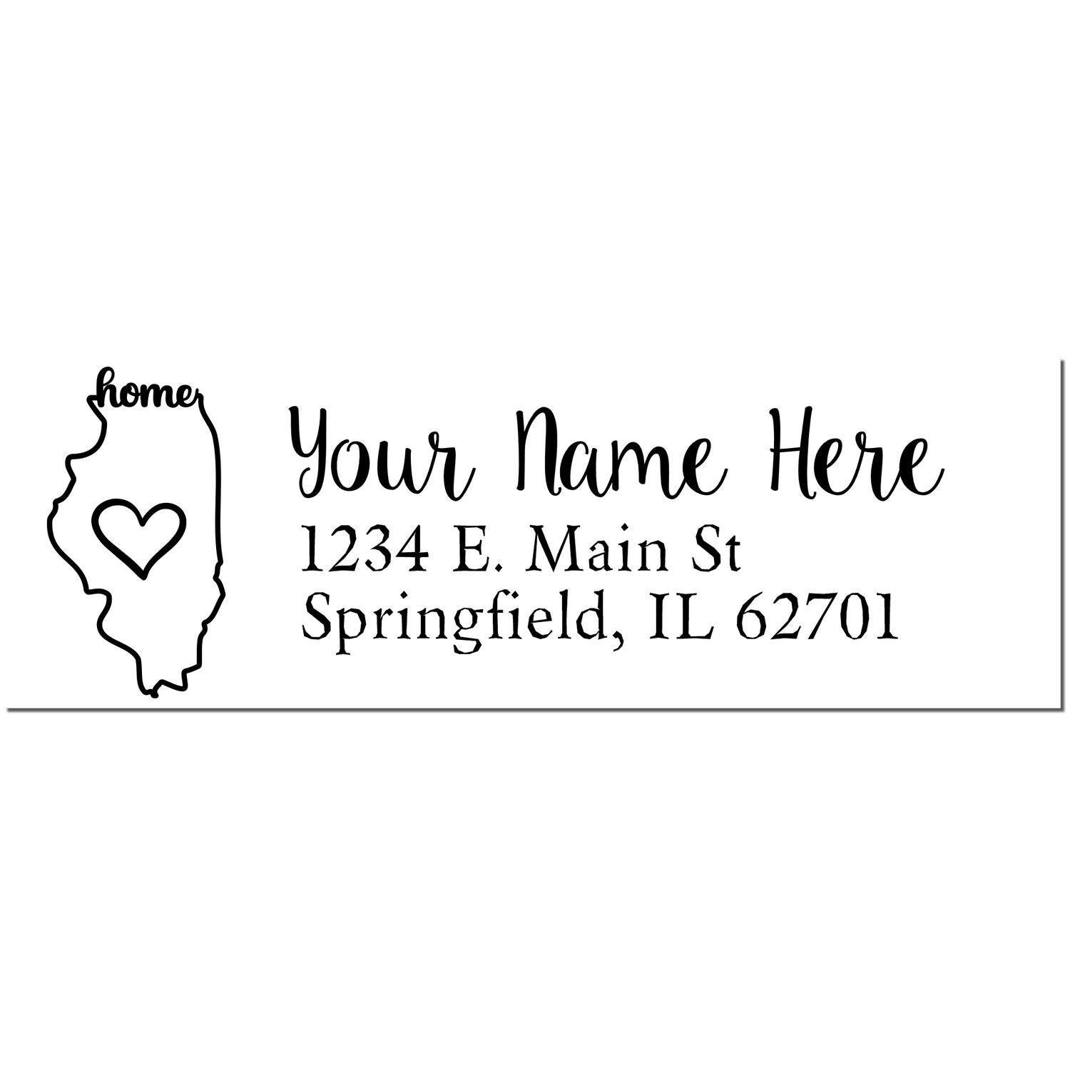 Slim Pre-Inked Illinois State Love Custom Address Stamp featuring a heart within the state outline, personalized with Your Name Here and an address in Springfield, IL.