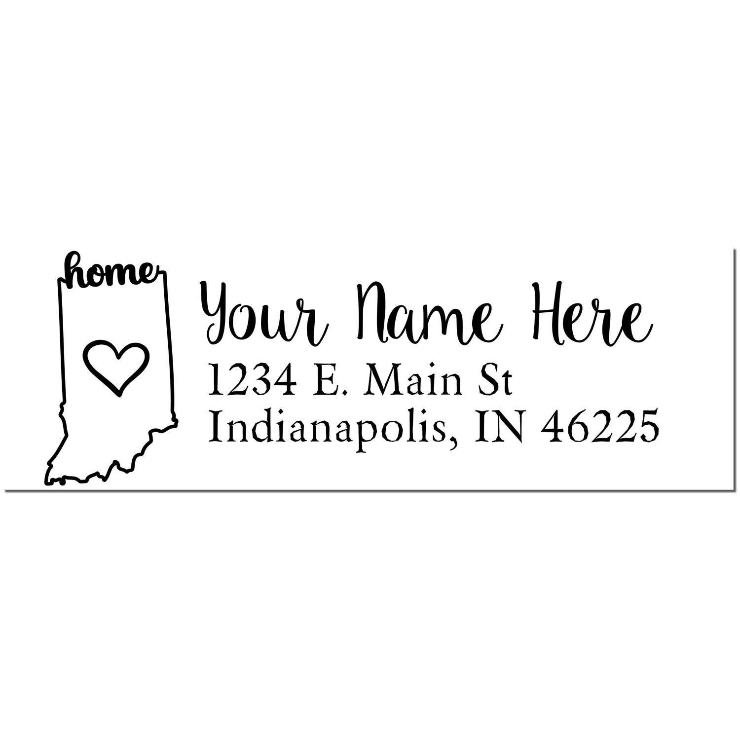 Slim Pre-Inked Indiana State Love Custom Address Stamp featuring a heart inside the state outline, with customizable text for name and address in a stylish font. Perfect for personalizing mail.